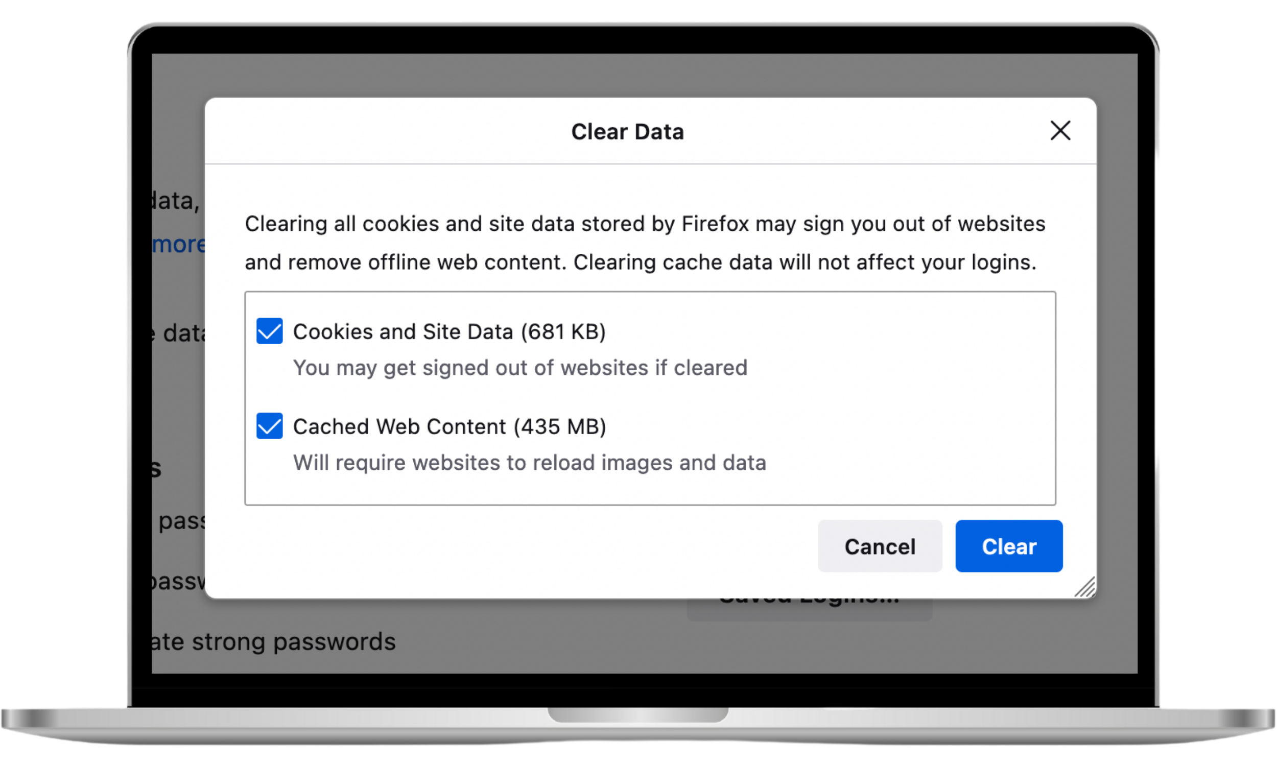 The Clear Data pop-up in Firefox shows checkboxes for Cookies and Site Data and Cached Web Content selected, with the Clear button ready to be clicked.