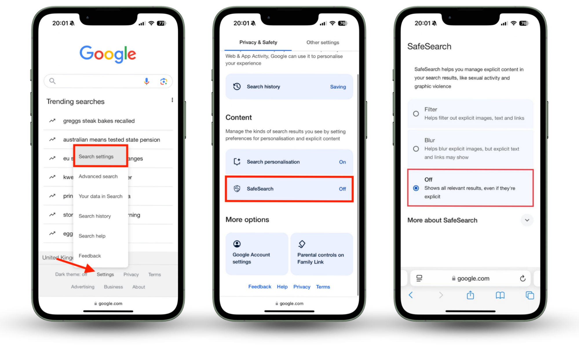 Google.com in Safari for iOS on iPhone. To manage your Safe Search options, go into the Google search settings menu, then select SafeSearch. Google.com in Safari for iOS on iPhone. To manage your Safe Search options, go into the Google search settings menu, then select SafeSearch.