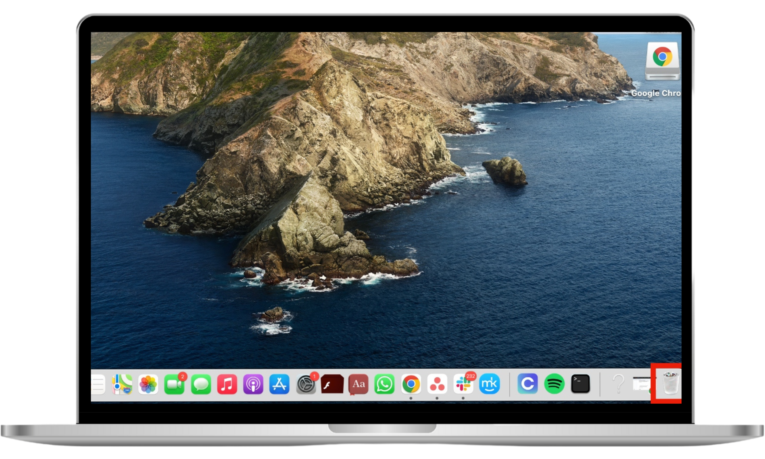 The Trash icon is outlined in red in the Dock on a Mac. The Trash icon is outlined in red in the Dock on a Mac.