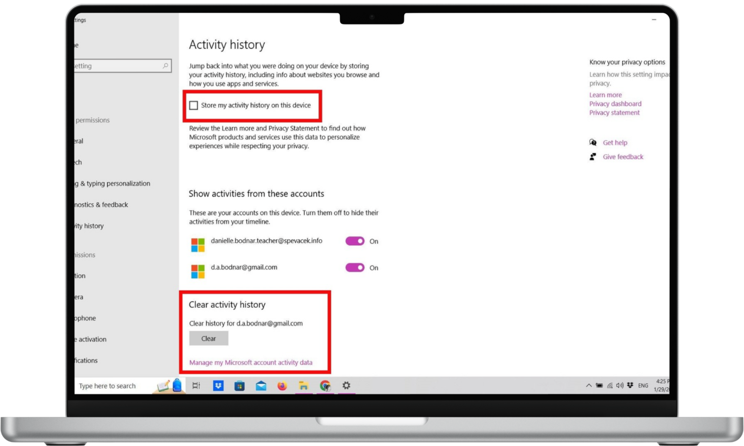Activity history privacy settings on Windows 10 Activity history privacy settings on Windows 10