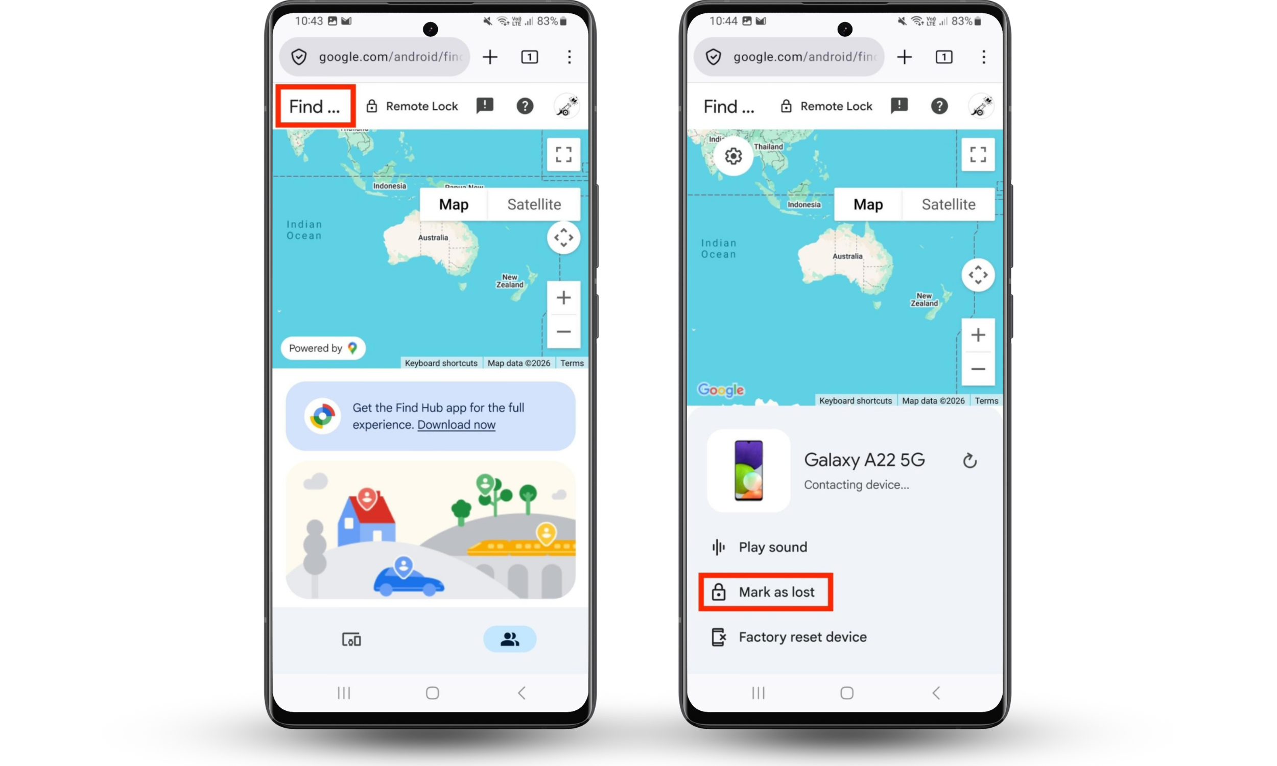 ALT: Google Find Hub loaded in Firefox on an Android device. Tap Find, ensure the right device is selected, tap Mark as lost.
