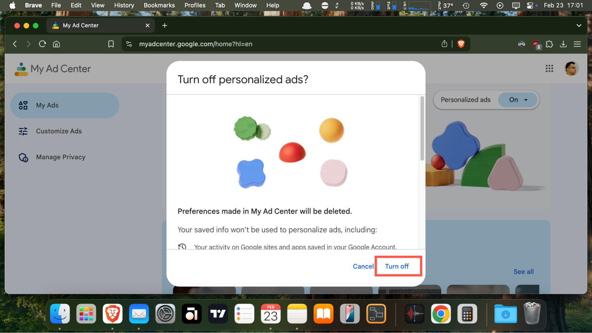 This browser screenshot shows how to confirm you want to block personalized Google ads via the My Ad Center in your personal Google Account. This browser screenshot shows how to confirm you want to block personalized Google ads via the My Ad Center in your personal Google Account.