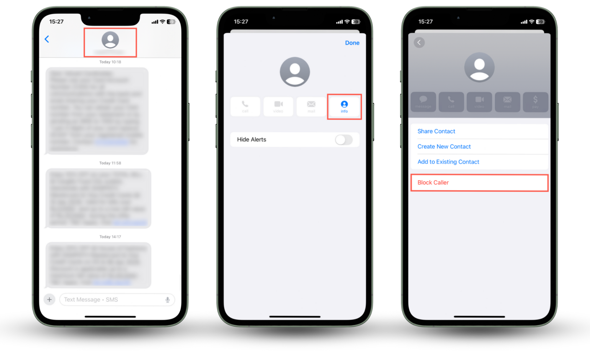 These iOS app screenshots show how to block a number on an iPhone via the Messages app's while viewing the relevant conversation thread. These iOS app screenshots show how to block a number on an iPhone via the Messages app's while viewing the relevant conversation thread.