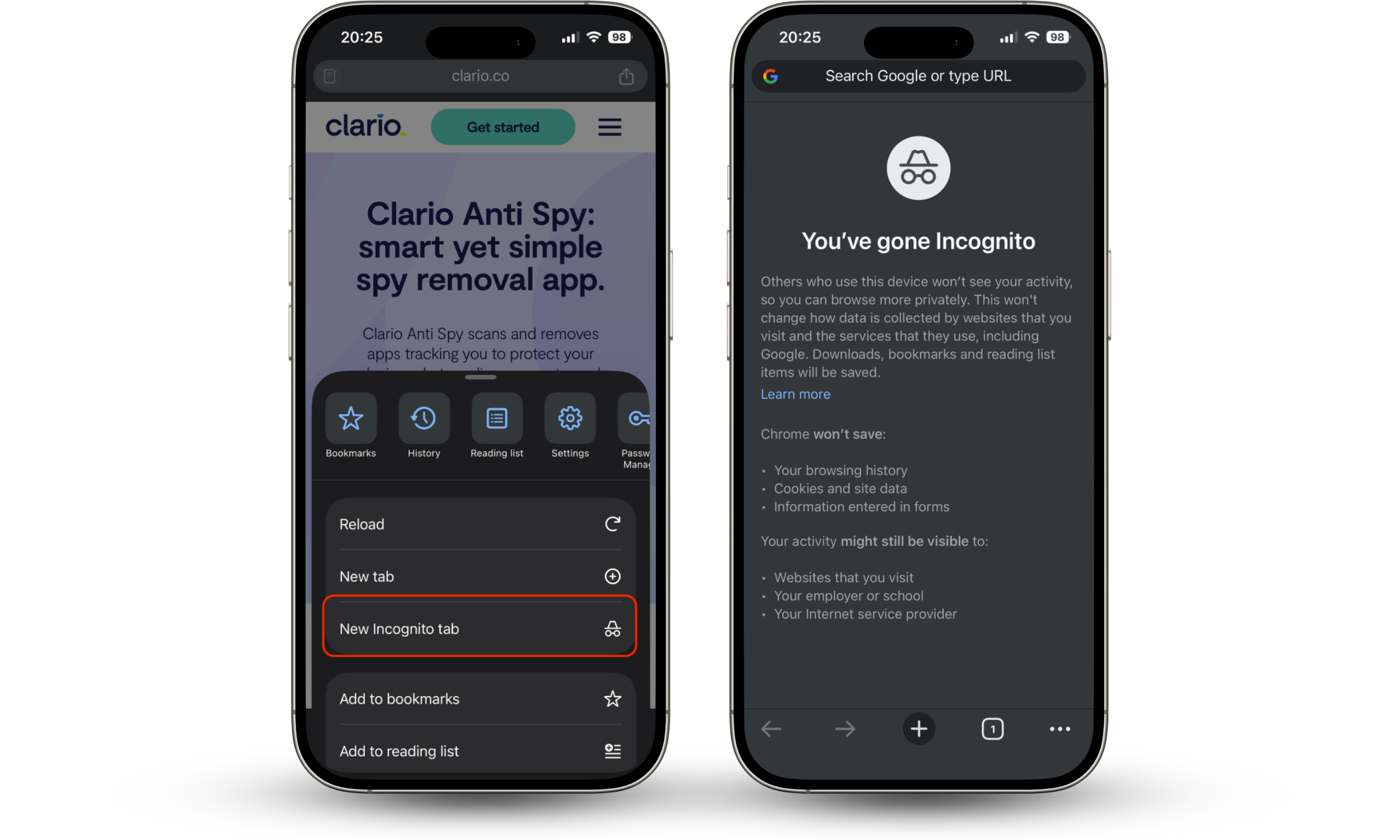 Chrome on iPhone showing three-dot menu open with New Incognito Tab option visible. Chrome on iPhone showing three-dot menu open with New Incognito Tab option visible.