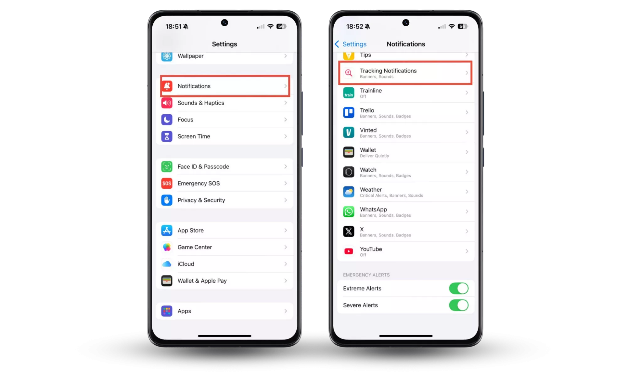 The steps to disable or change Tracking Notifications on an iPhone. If you're having AirTag issues and want to disable notifications, this is how.