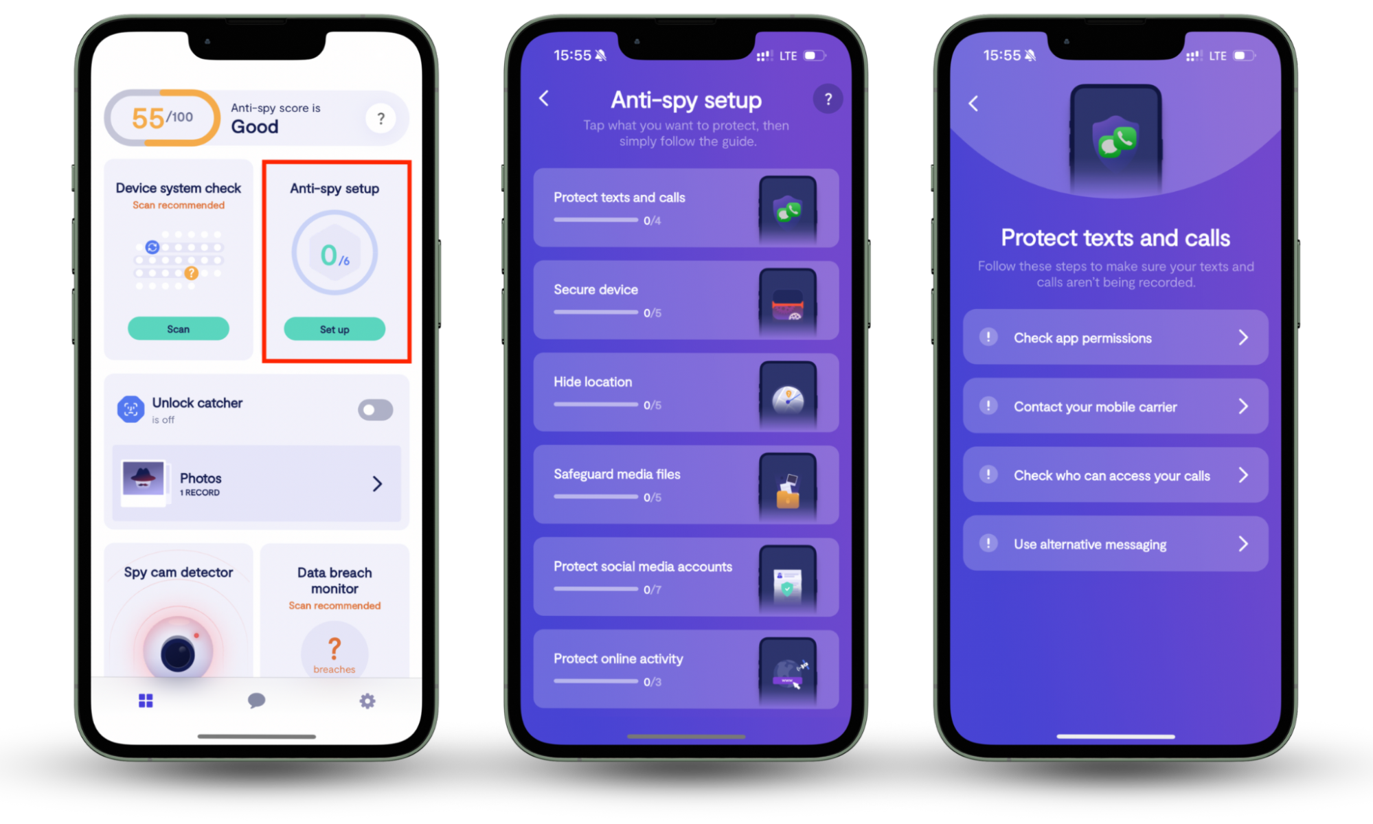Clario’s Anti-spy setup is shown on a mobile phone. Use the Anti-spy setup tool to protect your phone when using the internet. Clario’s Anti-spy setup is shown on a mobile phone. Use the Anti-spy setup tool to protect your phone when using the internet.