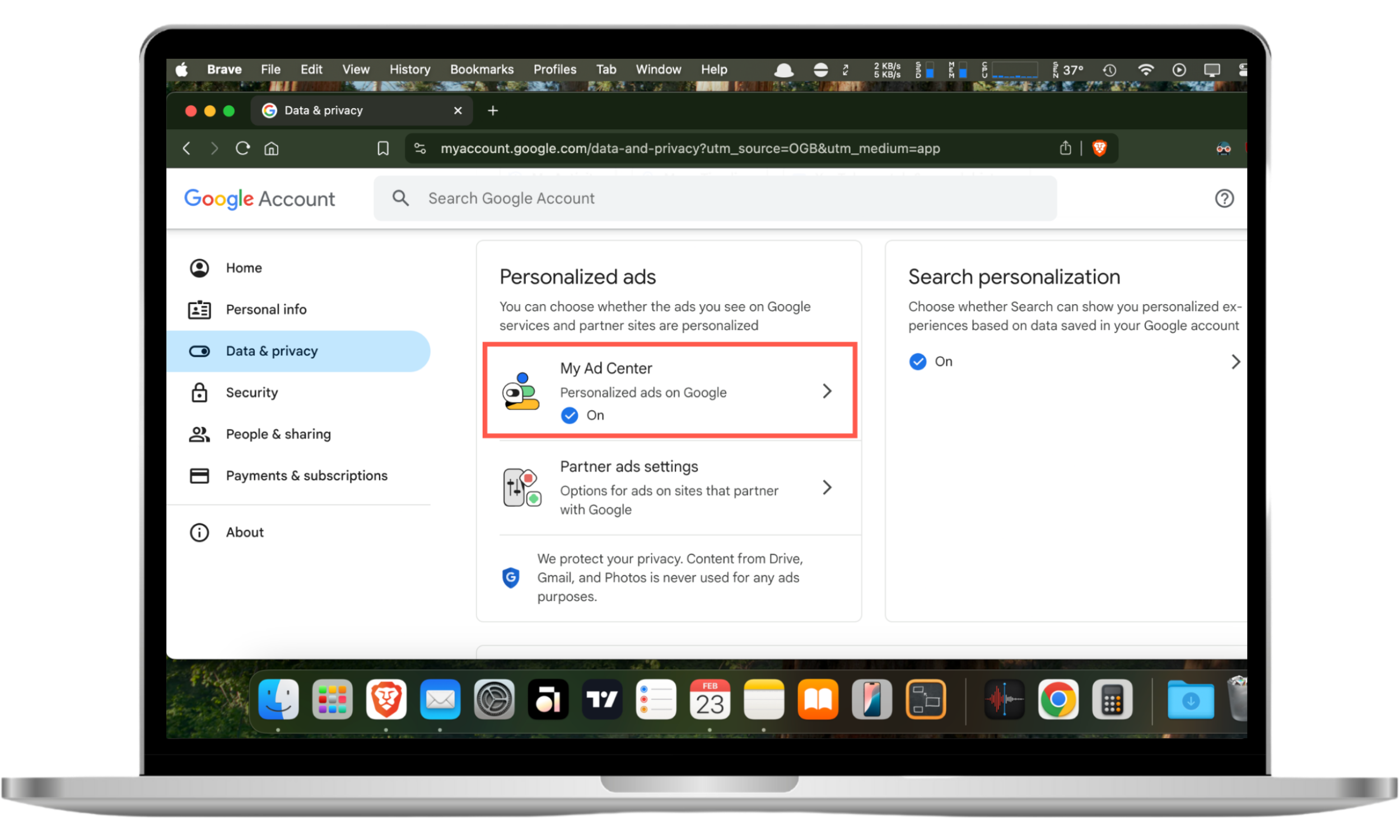 This browser screenshot shows how to access the My Ad Center in your Google Account if you want to block or allow personalized Google ads. This browser screenshot shows how to access the My Ad Center in your Google Account if you want to block or allow personalized Google ads.