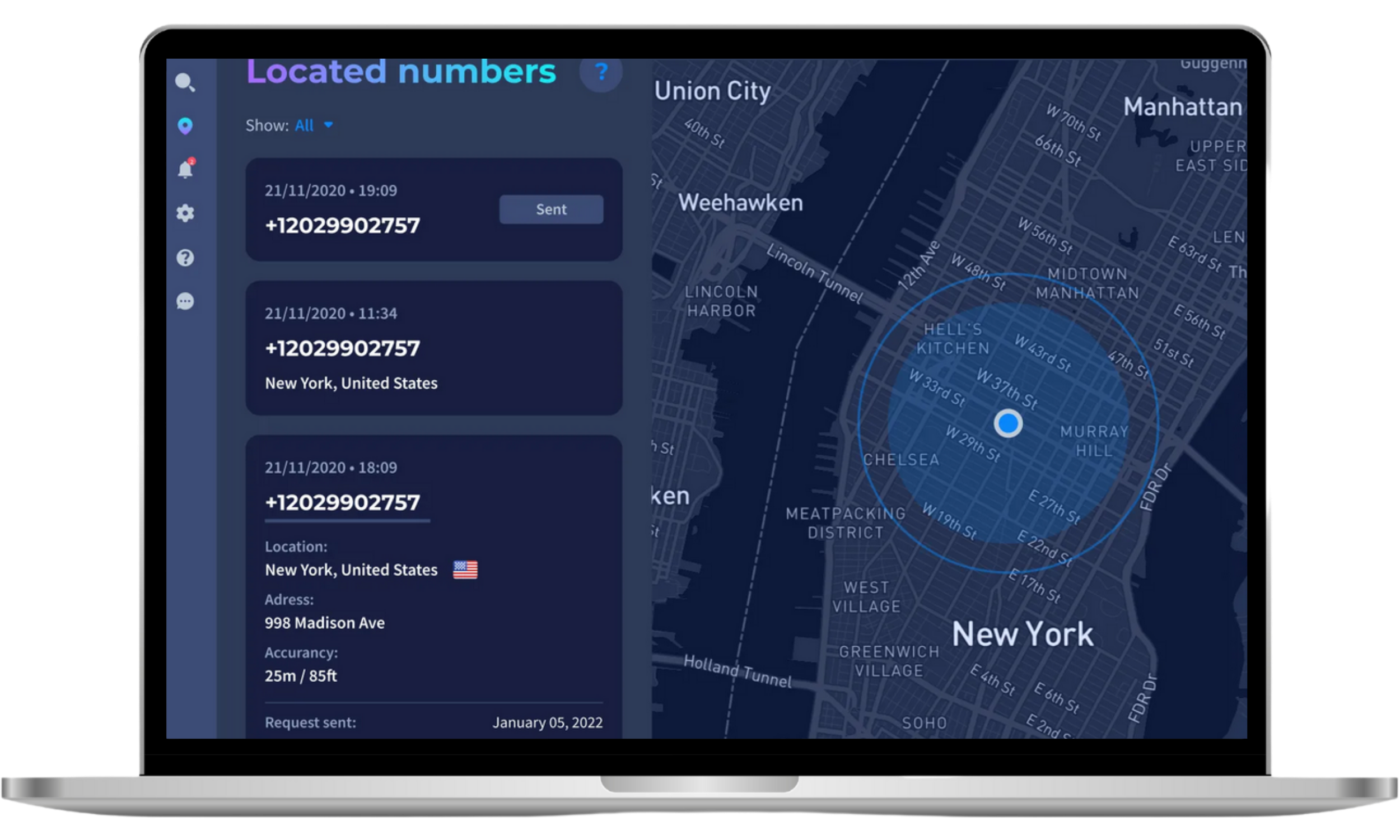 Scannero's map, showing what it looks like to track someone's location via their phone number on the Scannero website.
