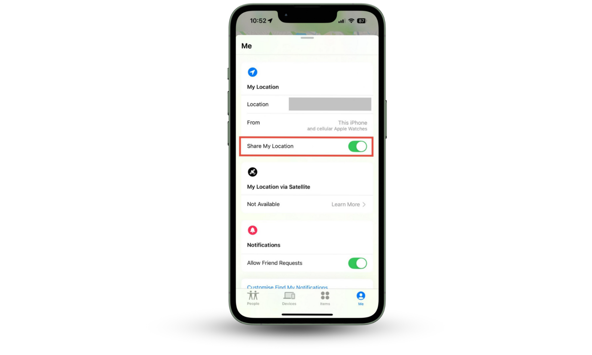 The Find My app on iPhone, open to the Me screen. To tell if someone is tracking your iPhone location, you can check your location preferences in this app. The Find My app on iPhone, open to the Me screen. To tell if someone is tracking your iPhone location, you can check your location preferences in this app.