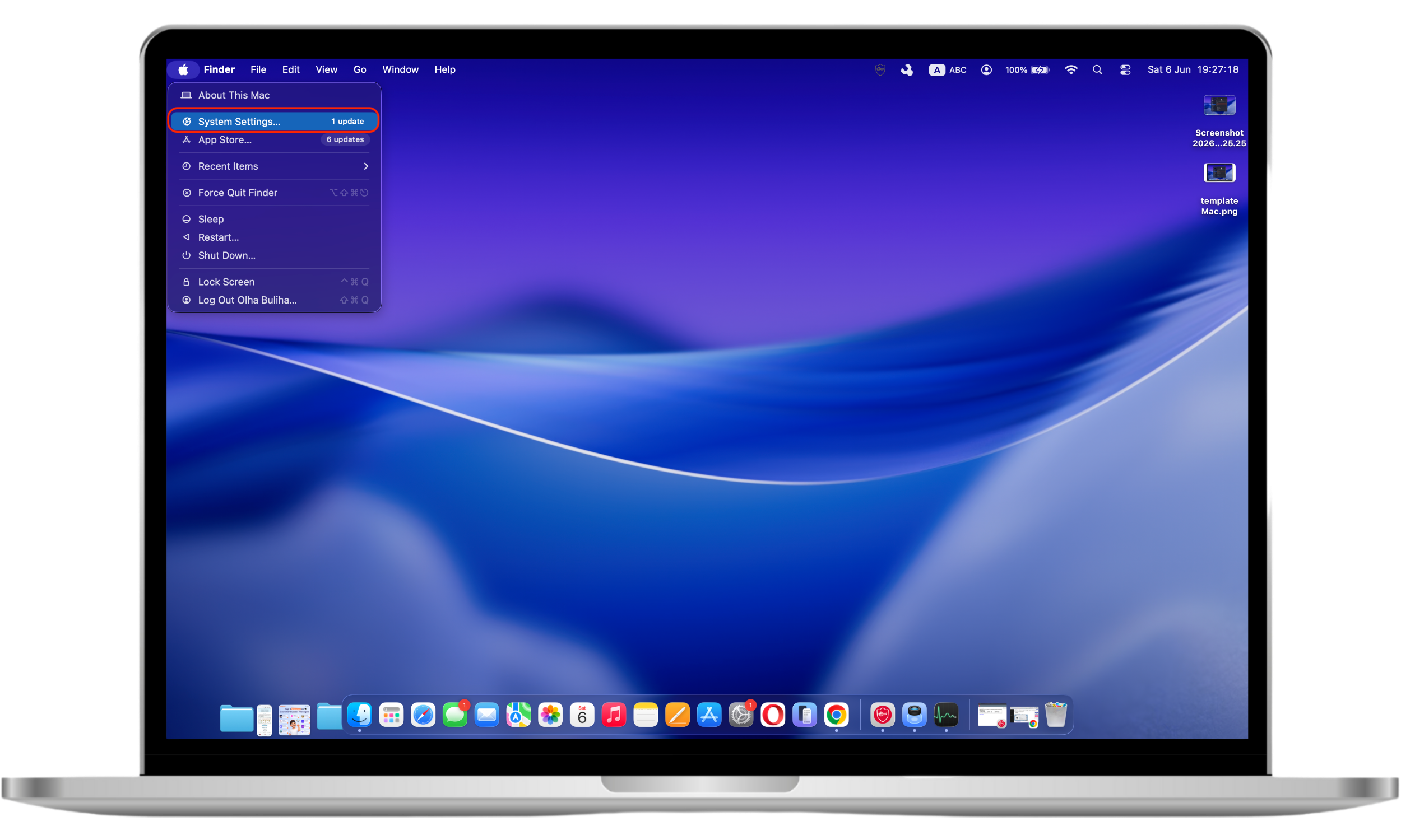 The Apple menu on a Mac is open with System Settings selected, allowing users to access device preferences and software update options.