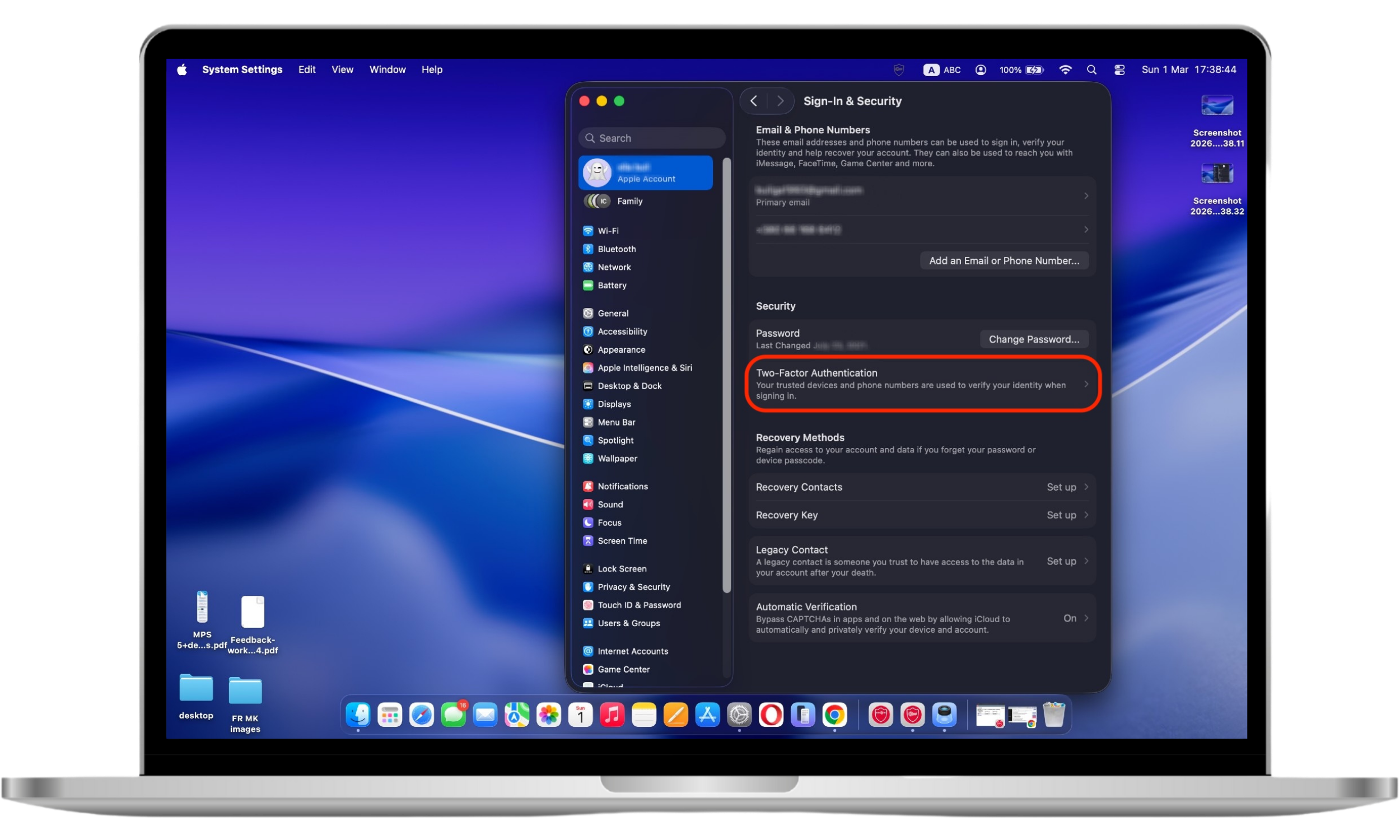 Selecting the Two-Factor Authentication option in Apple ID security settings on macOS.