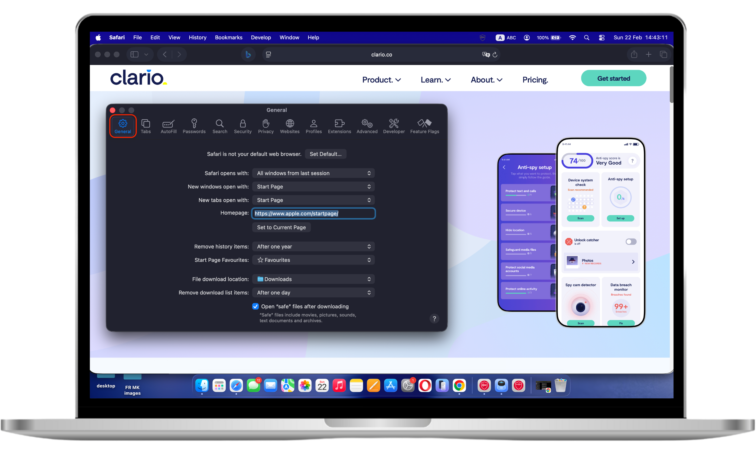 Safari Settings window with the General tab selected to manage homepage and startup preferences