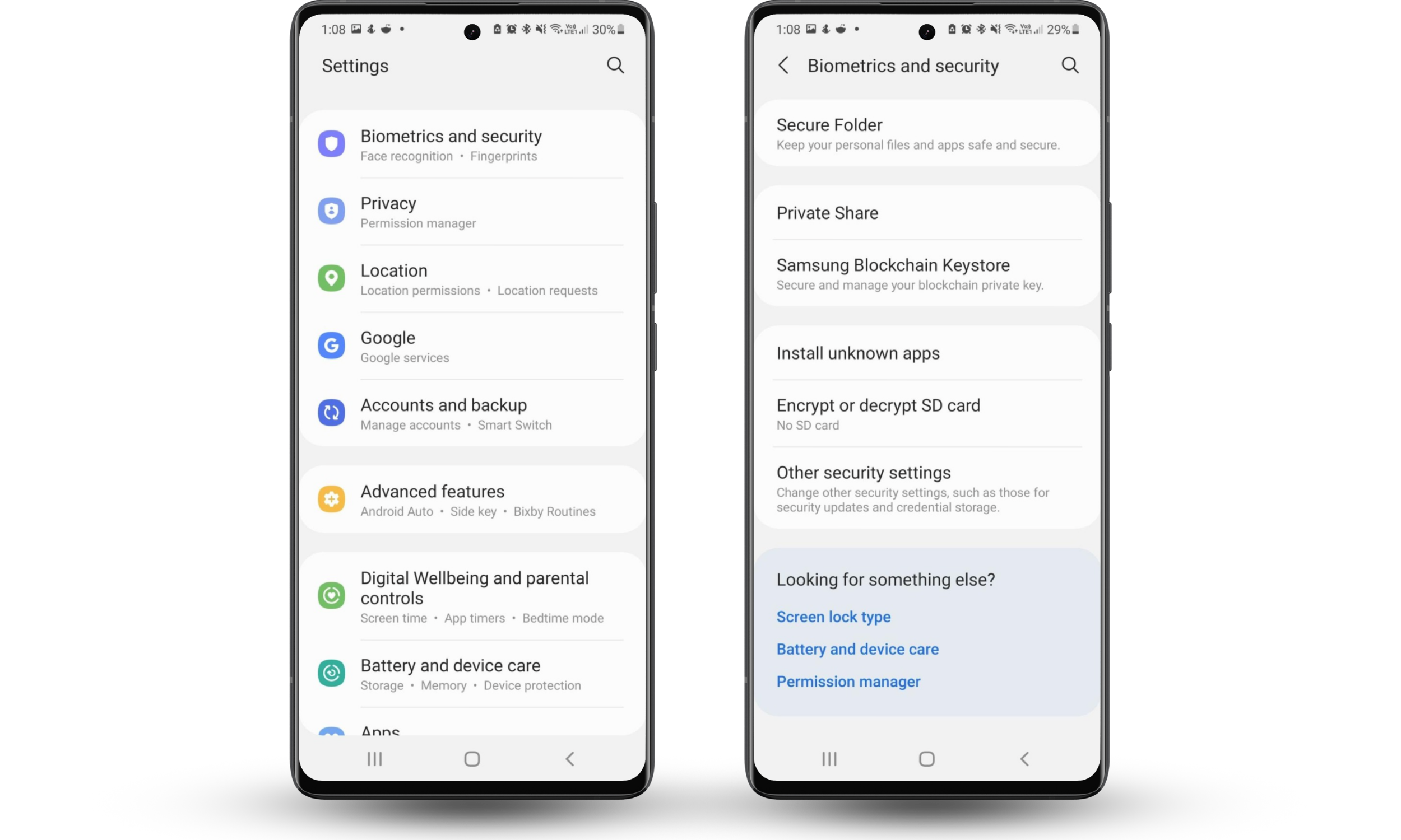 Android Settings screen showing Biometrics and Security and Other Security Settings menu options. Android Settings screen showing Biometrics and Security and Other Security Settings menu options.
