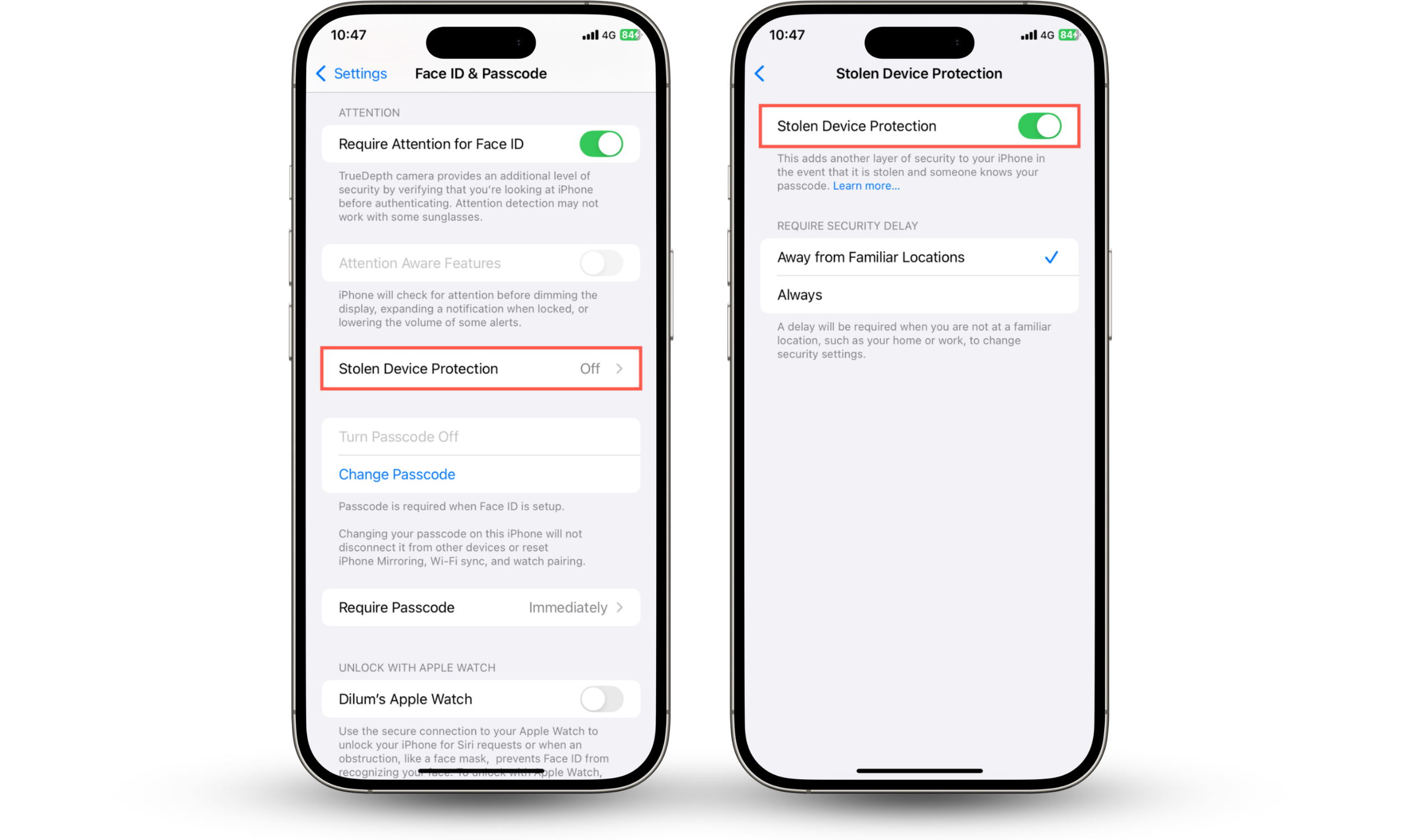 These iOS Settings app screenshots show how to enable the Stolen Device Protection feature so that your iPhone is secure from theft.