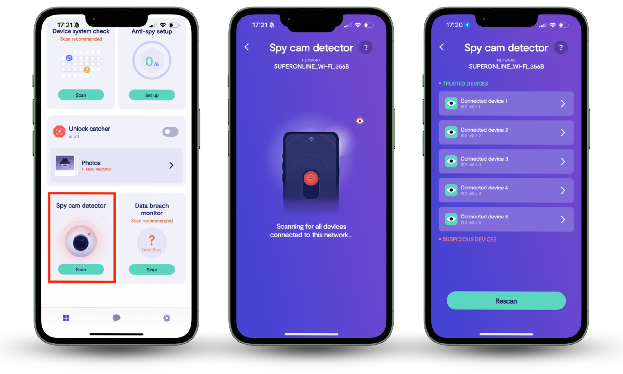 Spy Cam Detector feature from Clario Anti Spy app scanning a home network for unauthorized surveillance cameras to protect personal privacy and ensure digital security.