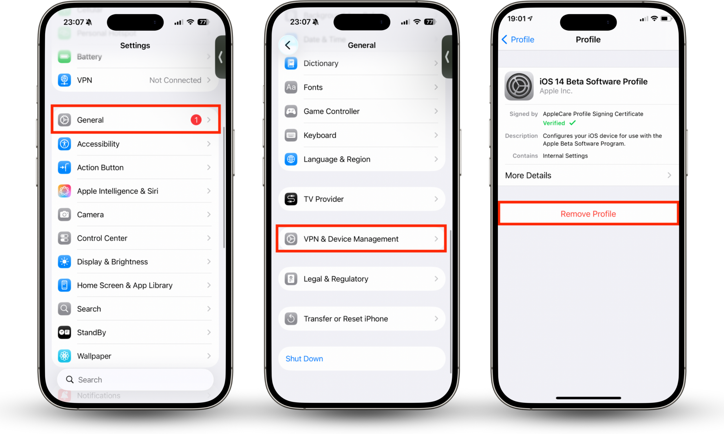 The VPN & Device Management section within Settings > General on iPhone. If you want to know how to check iPhone for virus in settings, first look for and remove any unrecognized configuration profiles.
