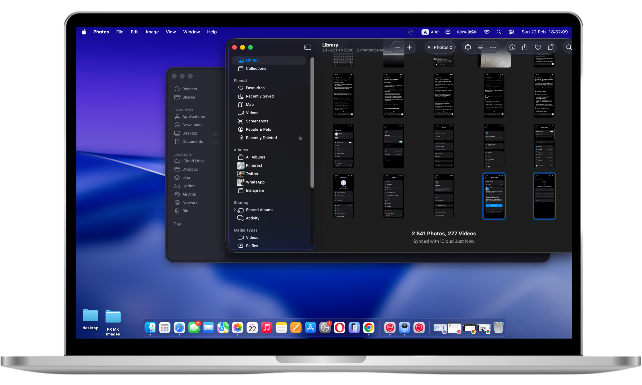 Mac Finder window displaying the Photos Library contents with image and video files visible for review of potentially suspicious webcam recordings.