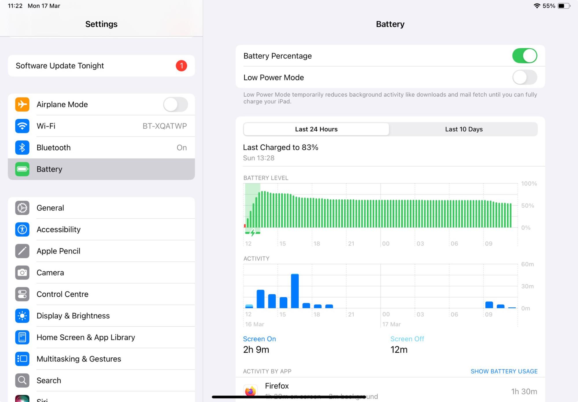 iPad Battery Settings, showing how the battery is discharging. Trying to find spyware on iPad? Check your battery's behavior for any unexpected draining. iPad Battery Settings, showing how the battery is discharging. Trying to find spyware on iPad? Check your battery's behavior for any unexpected draining.