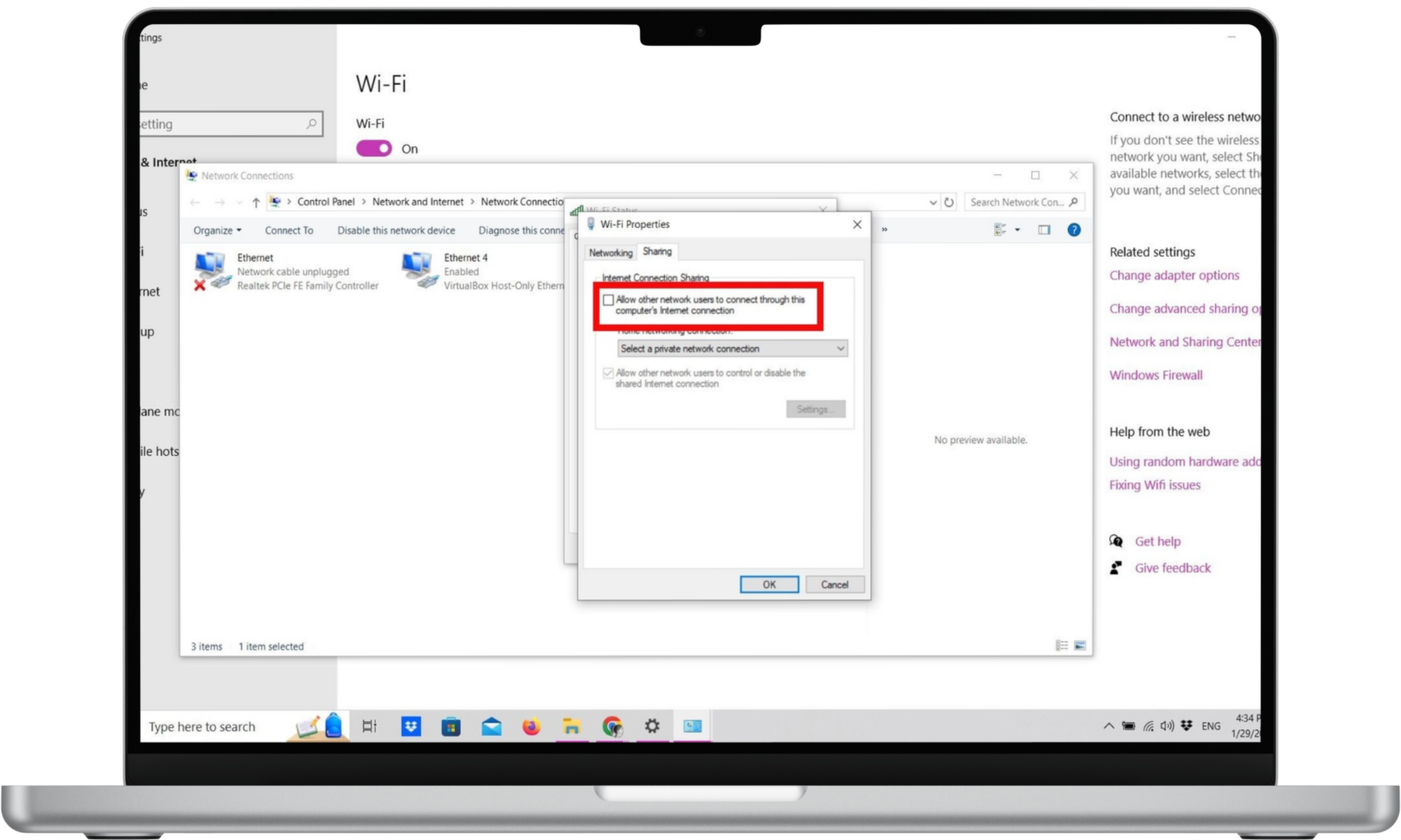 Disabling sharing in Wi-Fi properties in Windows 10 Disabling sharing in Wi-Fi properties in Windows 10