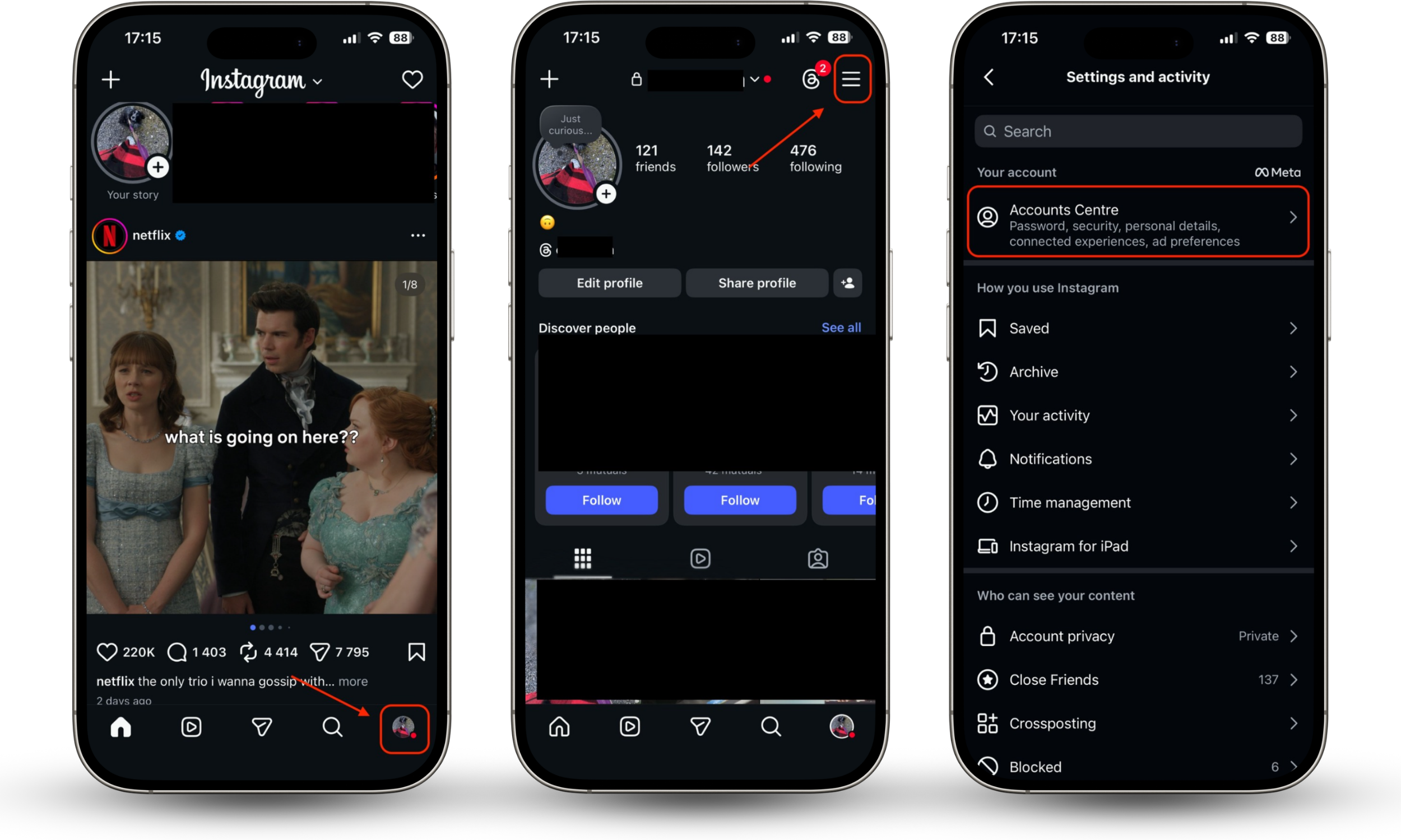 Opening Instagram profile menu and accessing Accounts Centre from the top-right three-line menu icon.