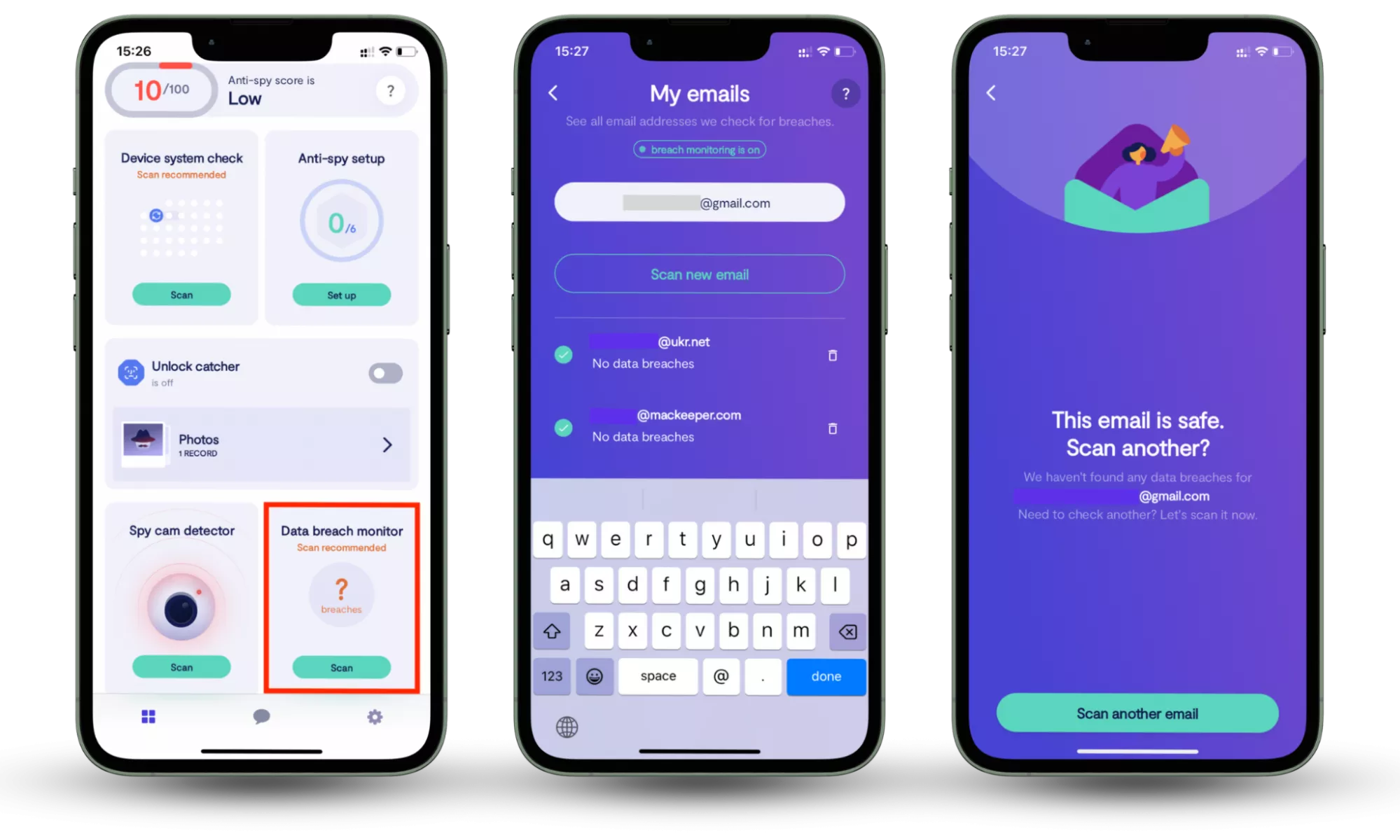 The Clario Anti Spy app interface showing the Data Breach Monitor feature, where a user enters their email to scan for exposed credentials and reviews breach results with recommended security actions.