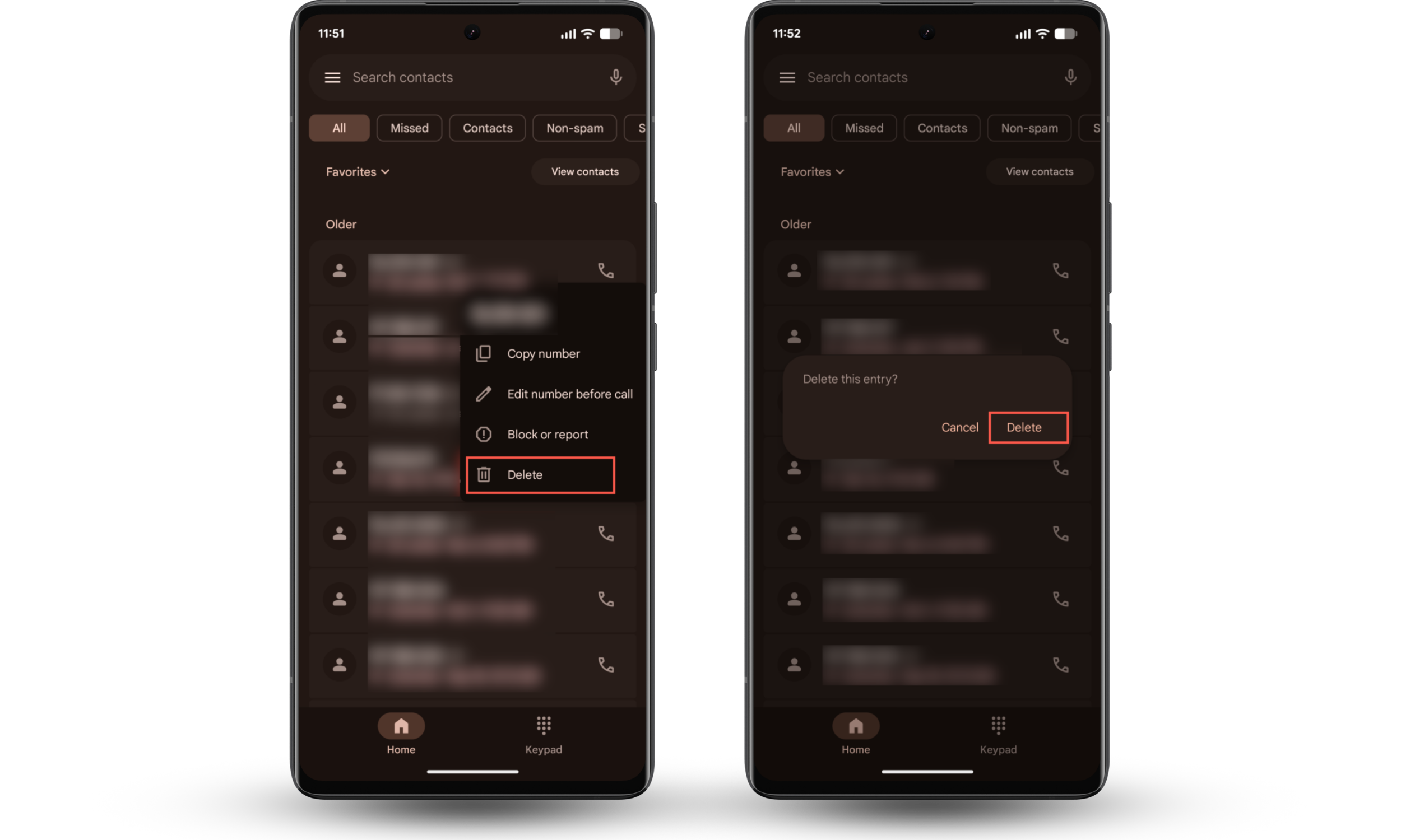 These Android screenshots show how to delete individual call log entries by long-pressing items on the Phone app's Home tab and selecting Delete. These Android screenshots show how to delete individual call log entries by long-pressing items on the Phone app's Home tab and selecting Delete.
