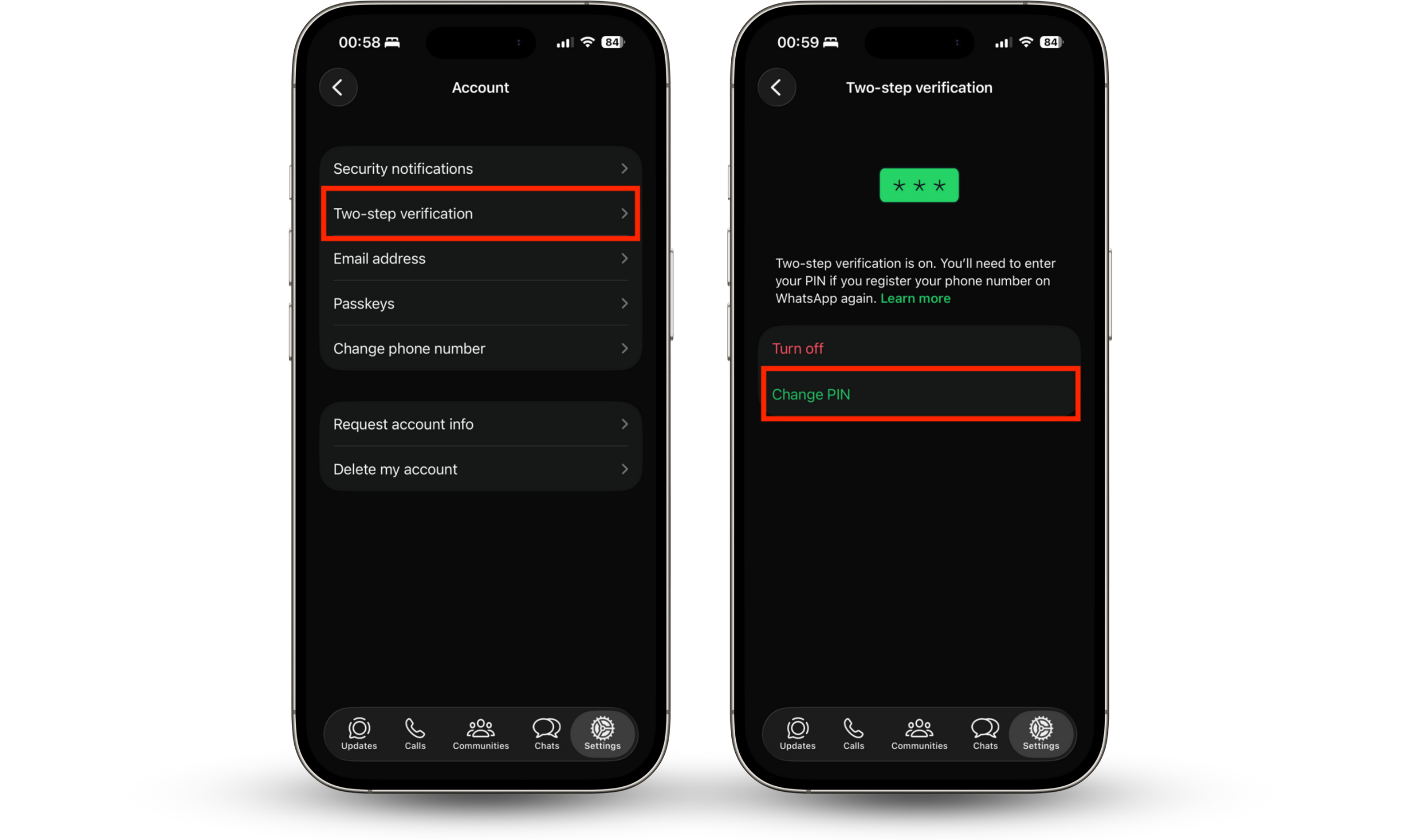 The Change PIN option inside the Two-step verification menu in WhatsApp on iOS. If you want to know how to protect your WhatsApp after it's cloned, change your two-step verification PIN.