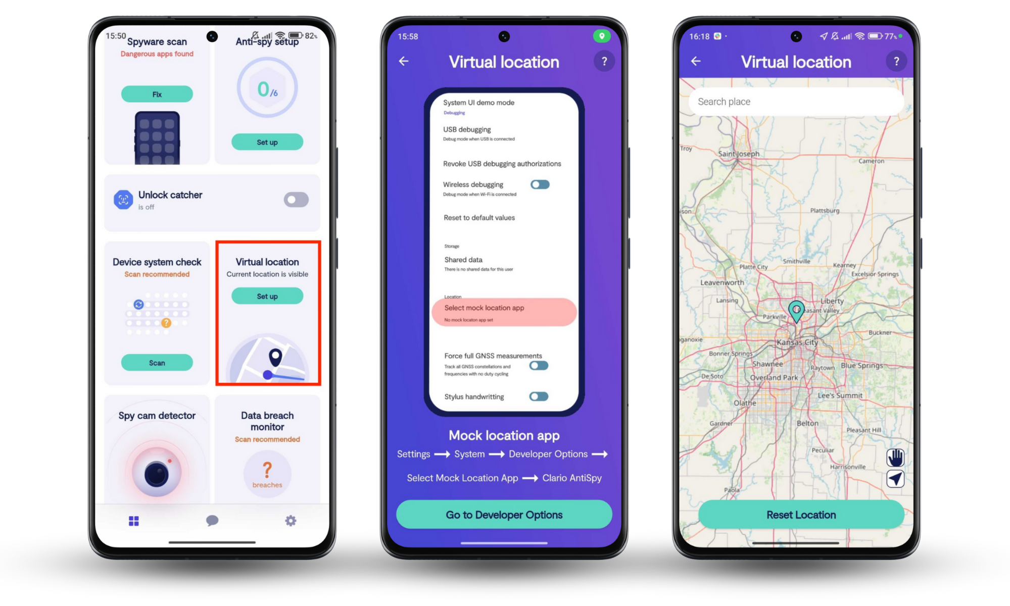 Clario Anti Spy Virtual Location showing a GPS change to block an ex-friend stalking me Clario Anti Spy Virtual Location showing a GPS change to block an ex-friend stalking me