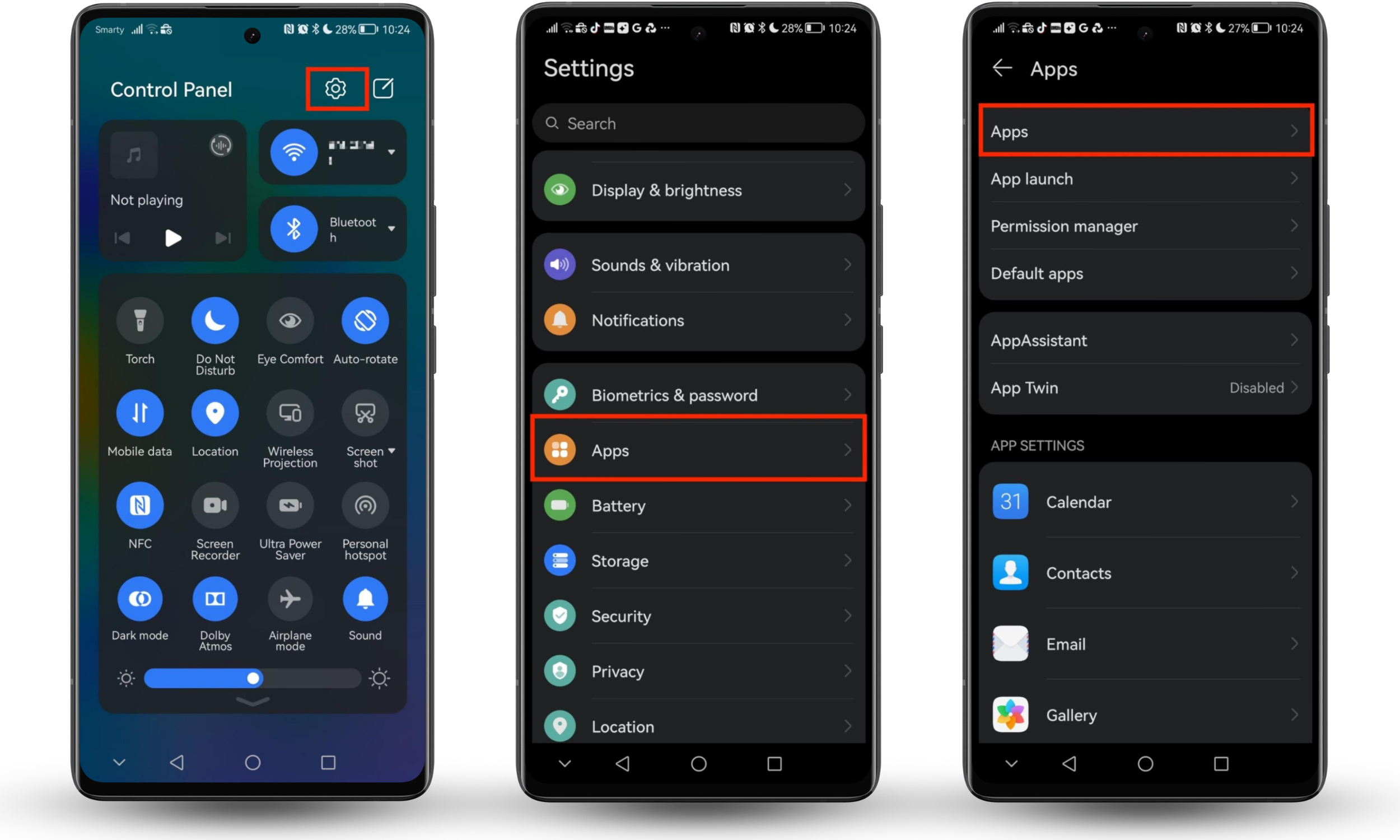 The Settings app on an Android phone, showing the main menu with the Apps section highlighted, guiding the user to open Apps from Settings. The Settings app on an Android phone, showing the main menu with the Apps section highlighted, guiding the user to open Apps from Settings.