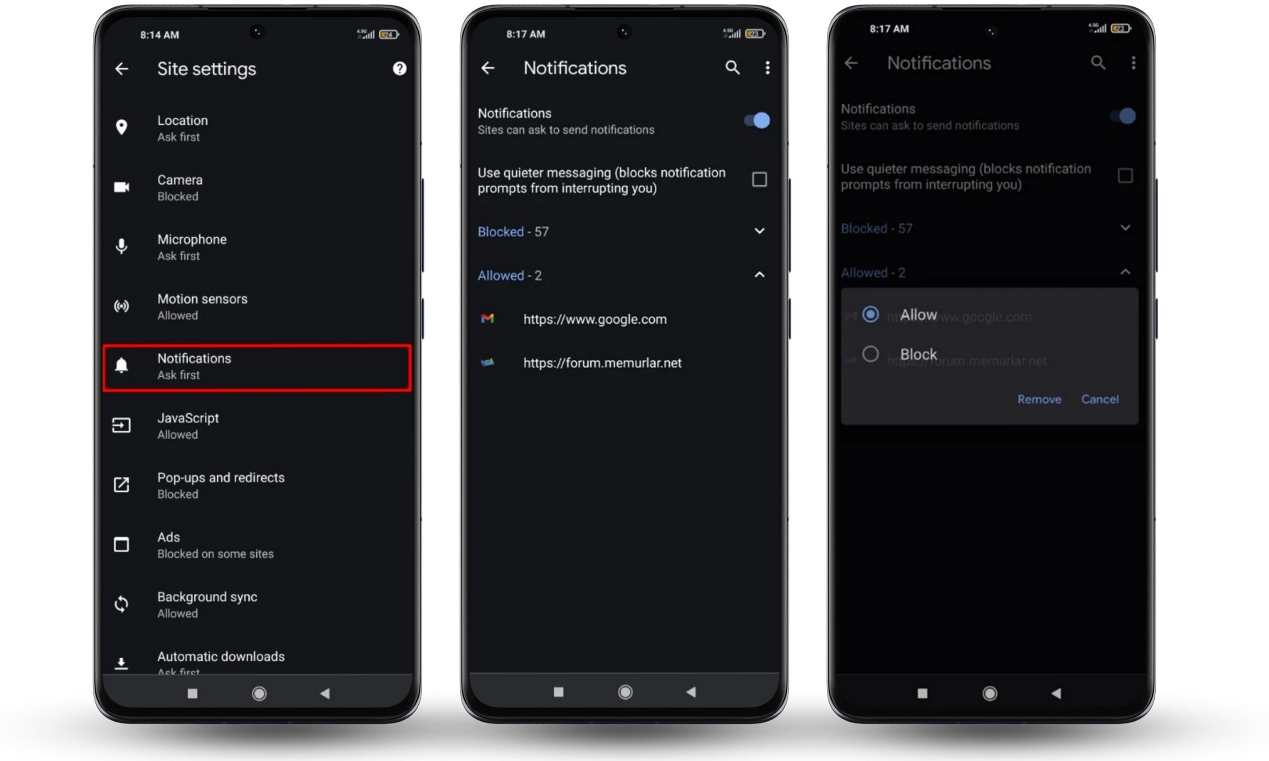 These Chrome screenshots on Android show you how to manage what sites can send you notifications to protect yourself against phishing. These Chrome screenshots on Android show you how to manage what sites can send you notifications to protect yourself against phishing.