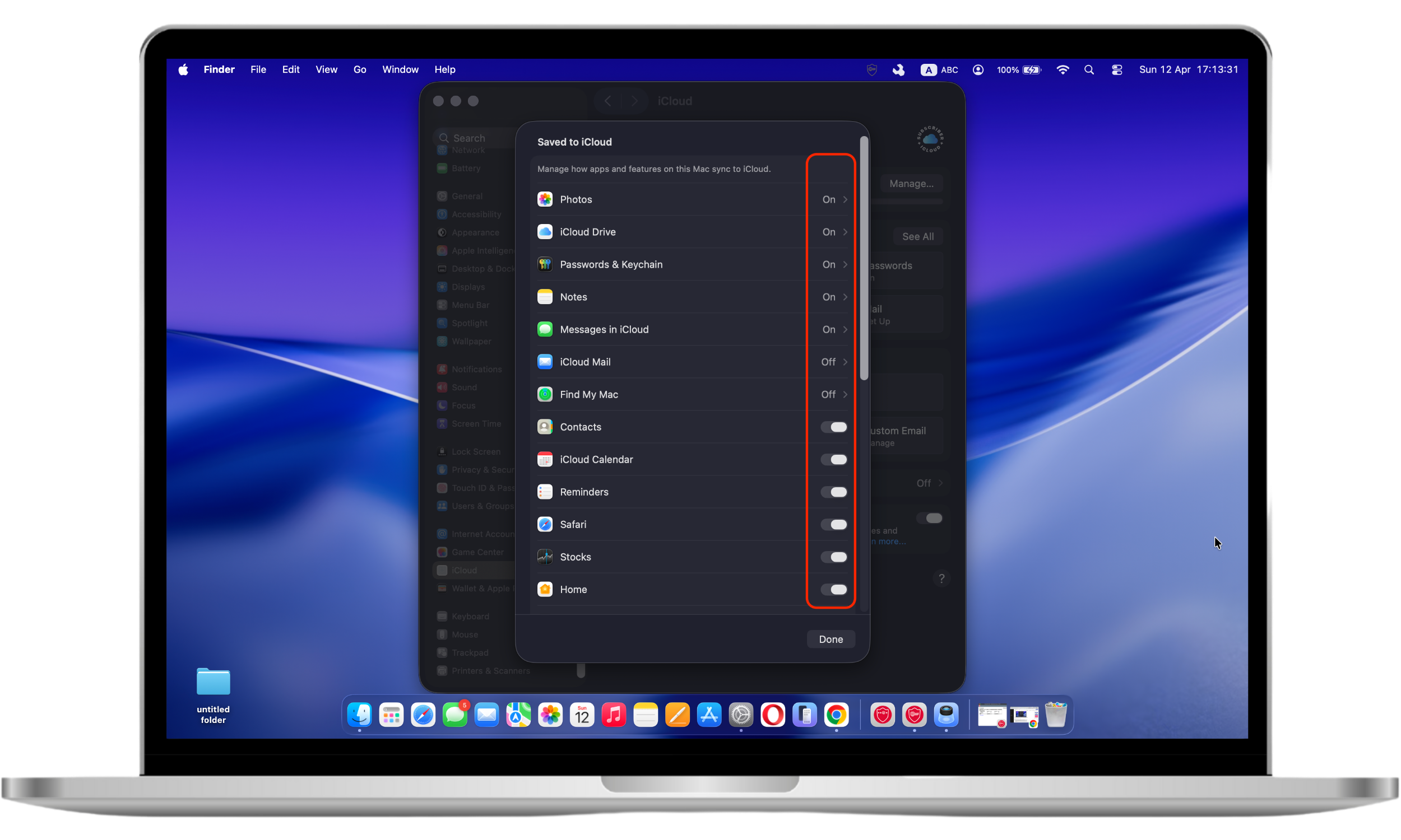 Mac iCloud settings showing app list with checkboxes to enable or disable syncing for individual apps
