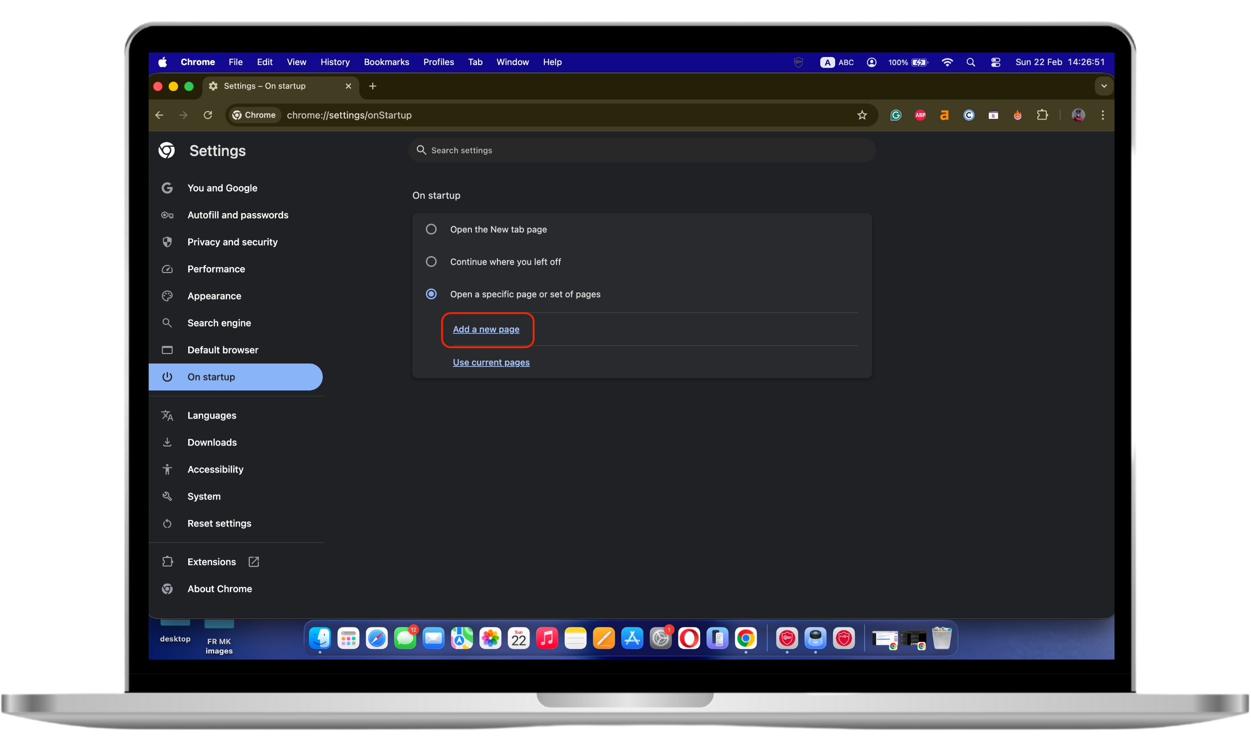 Chrome On startup settings showing the Add a new page option being selected to set a custom homepage URL
