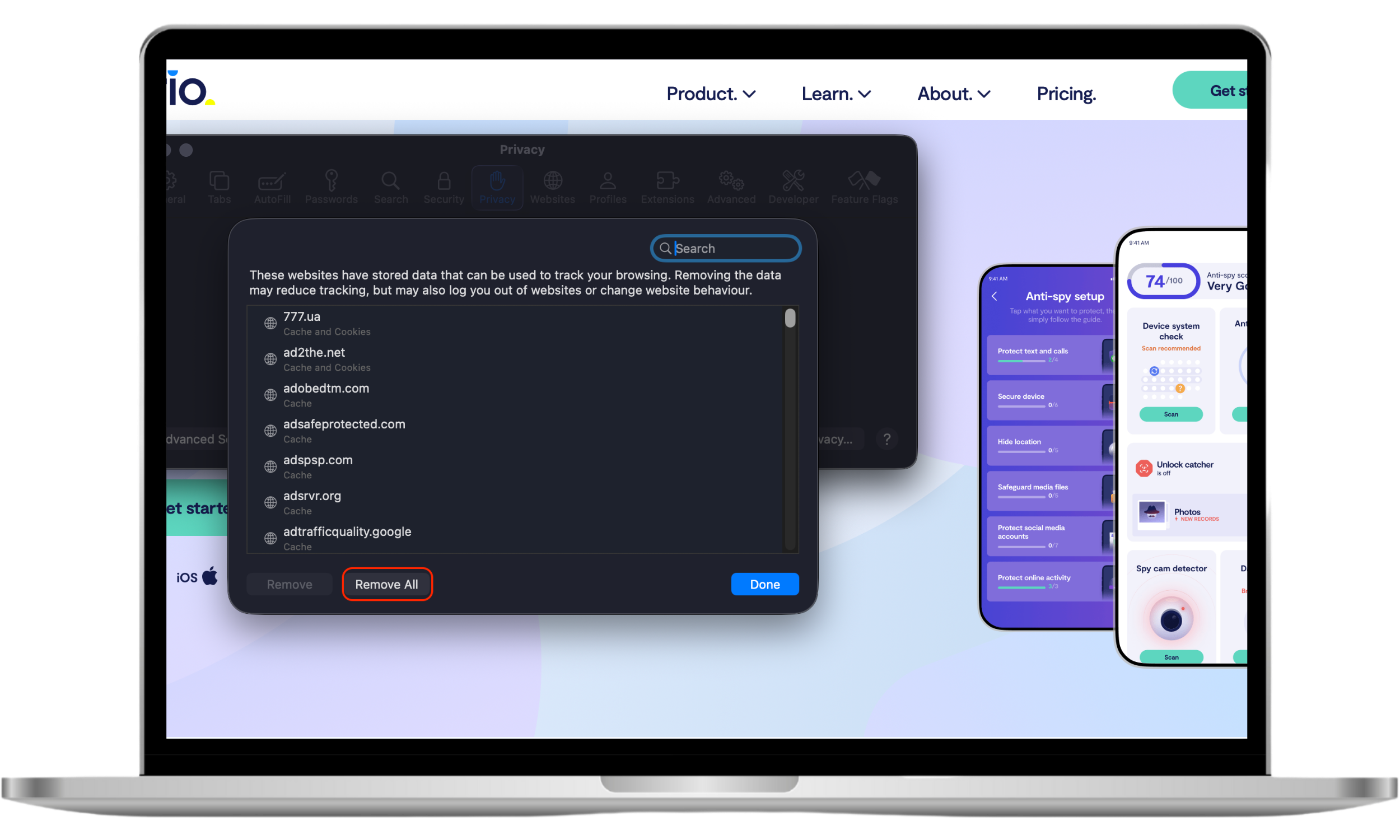 The Safari Website Data window displaying a list of stored cookies and trackers, with the 'Remove All' button highlighted as the final step to delete cookies on Mac Safari.