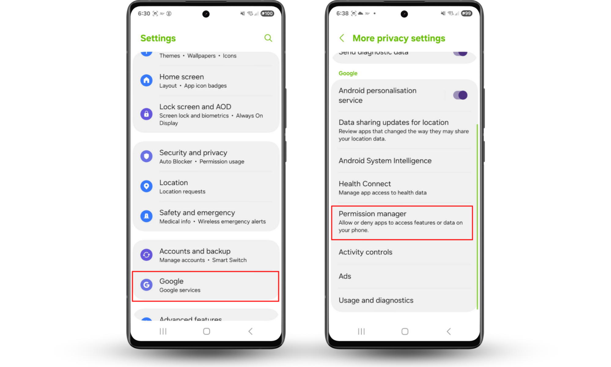 If your phone is listening to you, deny Google's microphone permissions. Go to Settings > Security and privacy > Permission manager. If your phone is listening to you, deny Google's microphone permissions. Go to Settings > Security and privacy > Permission manager.