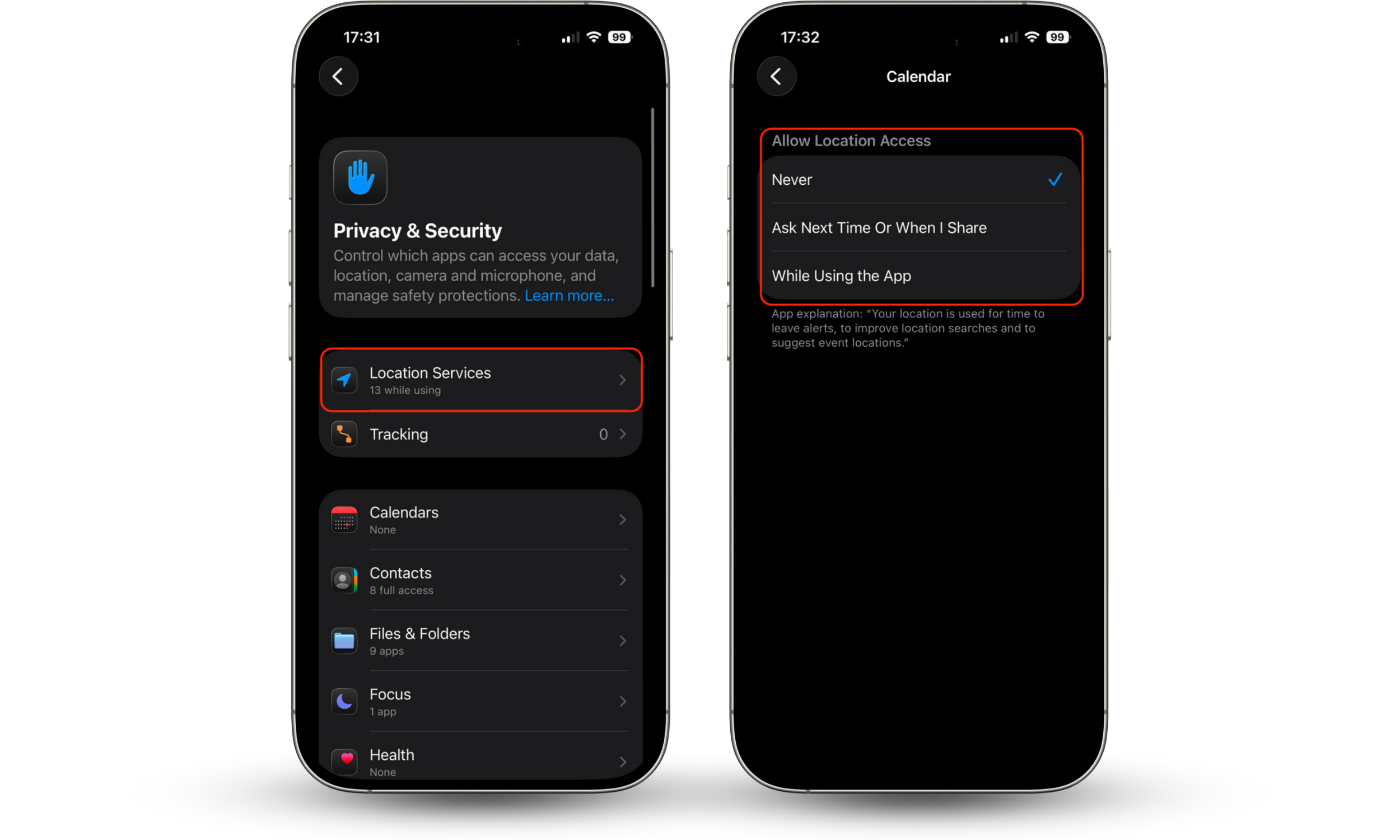 iPhone Location Services settings showing how to allow or restrict location access to reduce zero-day attack risk