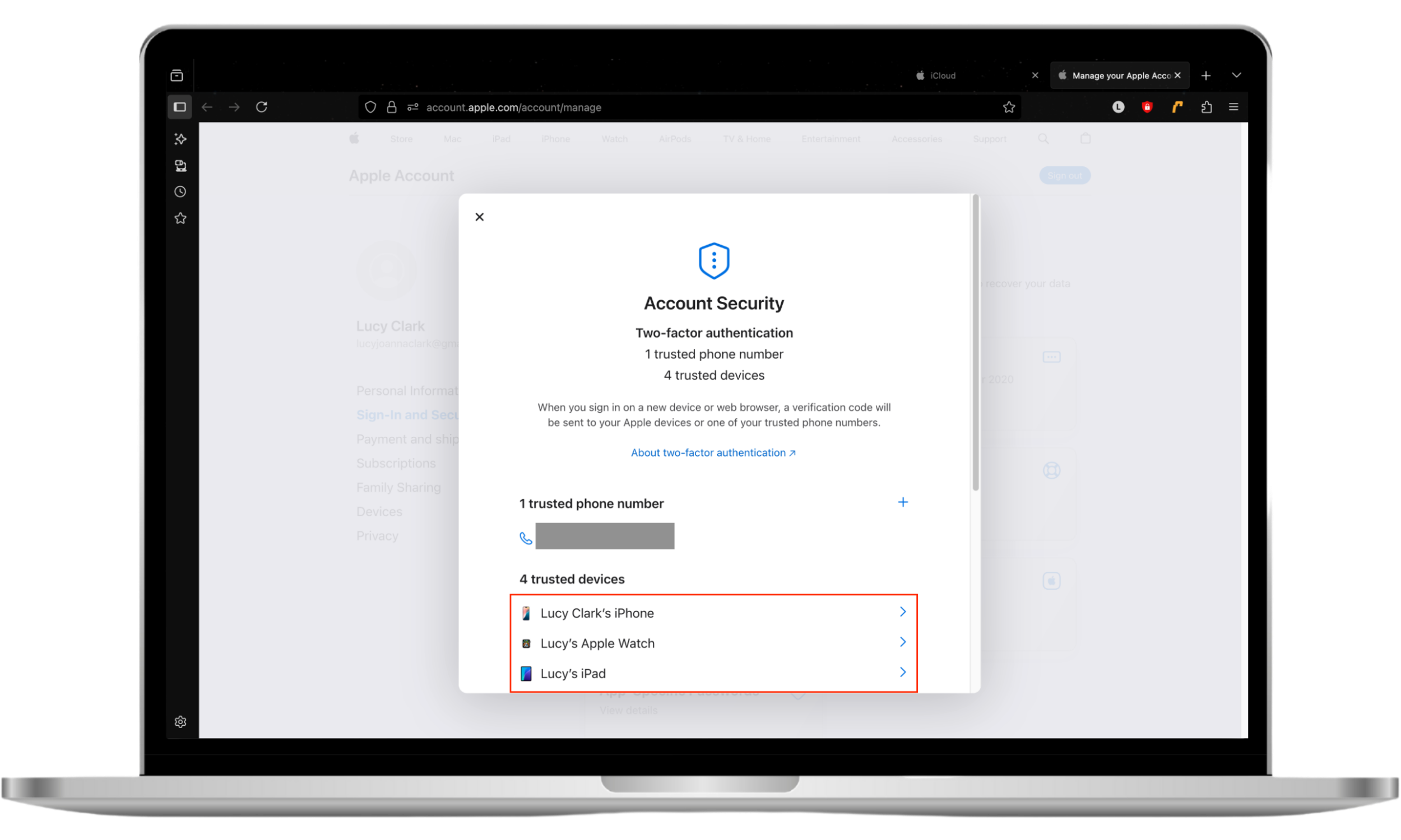 Account Security for an Apple Account in a web browser. Devices are highlighted. Letting your wife access your text messages through iCloud? Remove her devices to revoke access. Account Security for an Apple Account in a web browser. Devices are highlighted. Letting your wife access your text messages through iCloud? Remove her devices to revoke access.