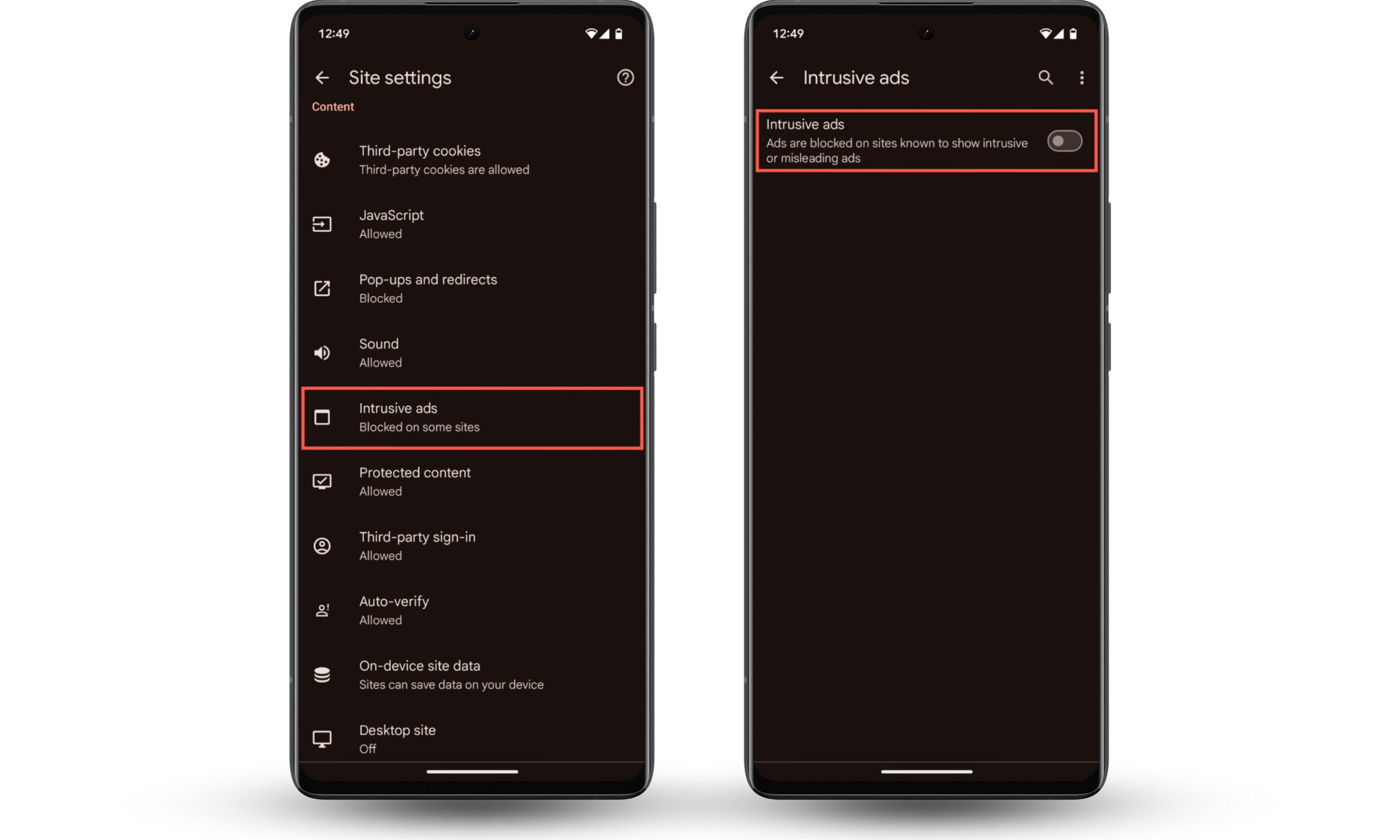 These Settings app screenshots show how to get rid of pop-up ads on Android by deactivating an option called Intrusive Ads. These Settings app screenshots show how to get rid of pop-up ads on Android by deactivating an option called Intrusive Ads.