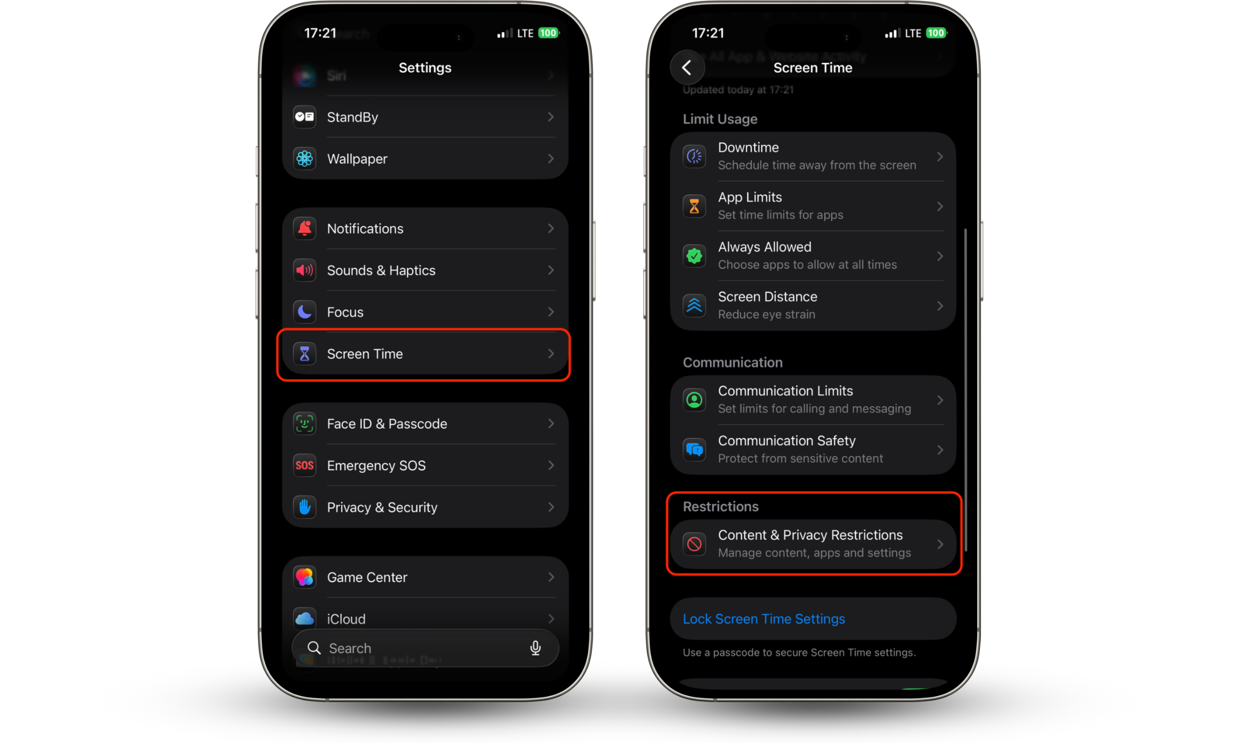 The iPhone Settings screen shows the Content & Privacy Restrictions switch toggled on within the Screen Time menu.