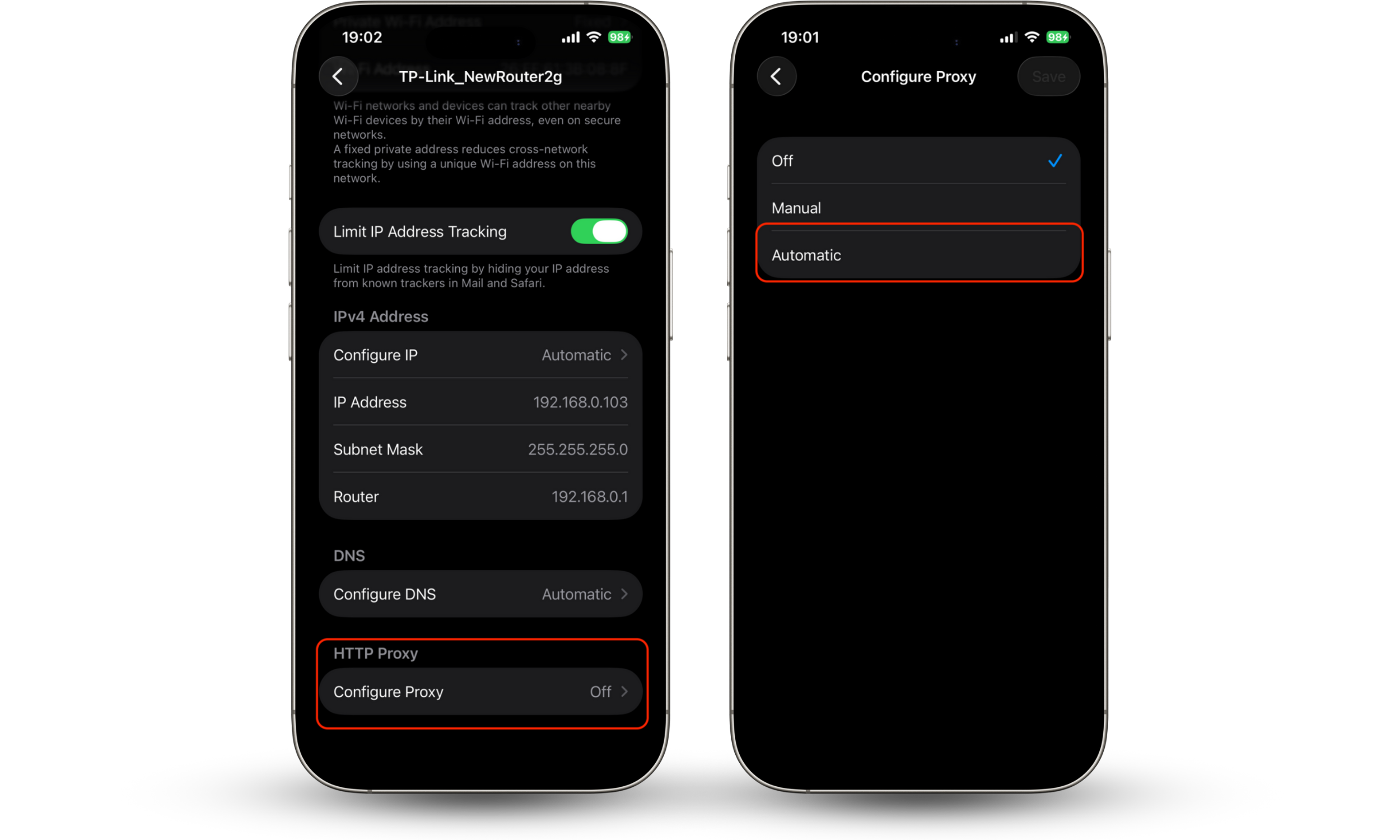 how to enable HTTP proxy settings by selecting Automatic or Manual as one of the methods to hide your IP address in three different ways
