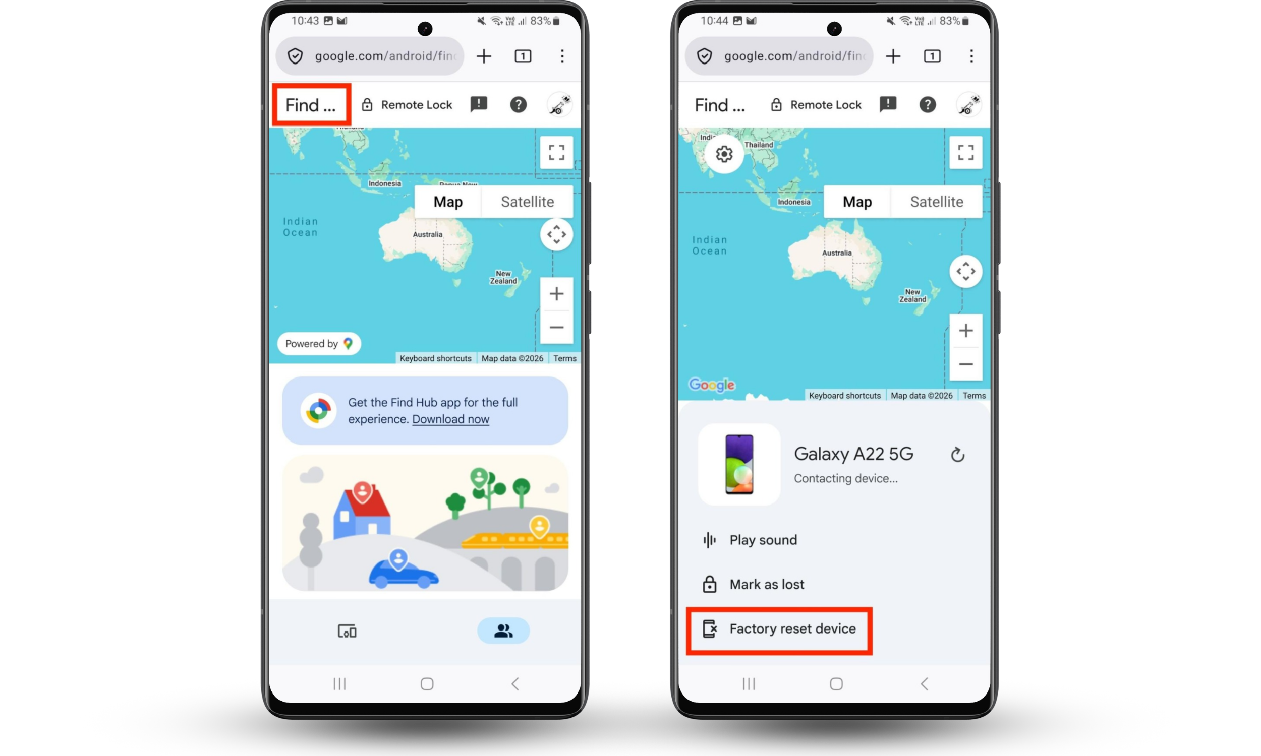 Google Find Hub loaded in Firefox on an Android device. Tap Find, ensure the right device is selected, and tap Factory reset device.