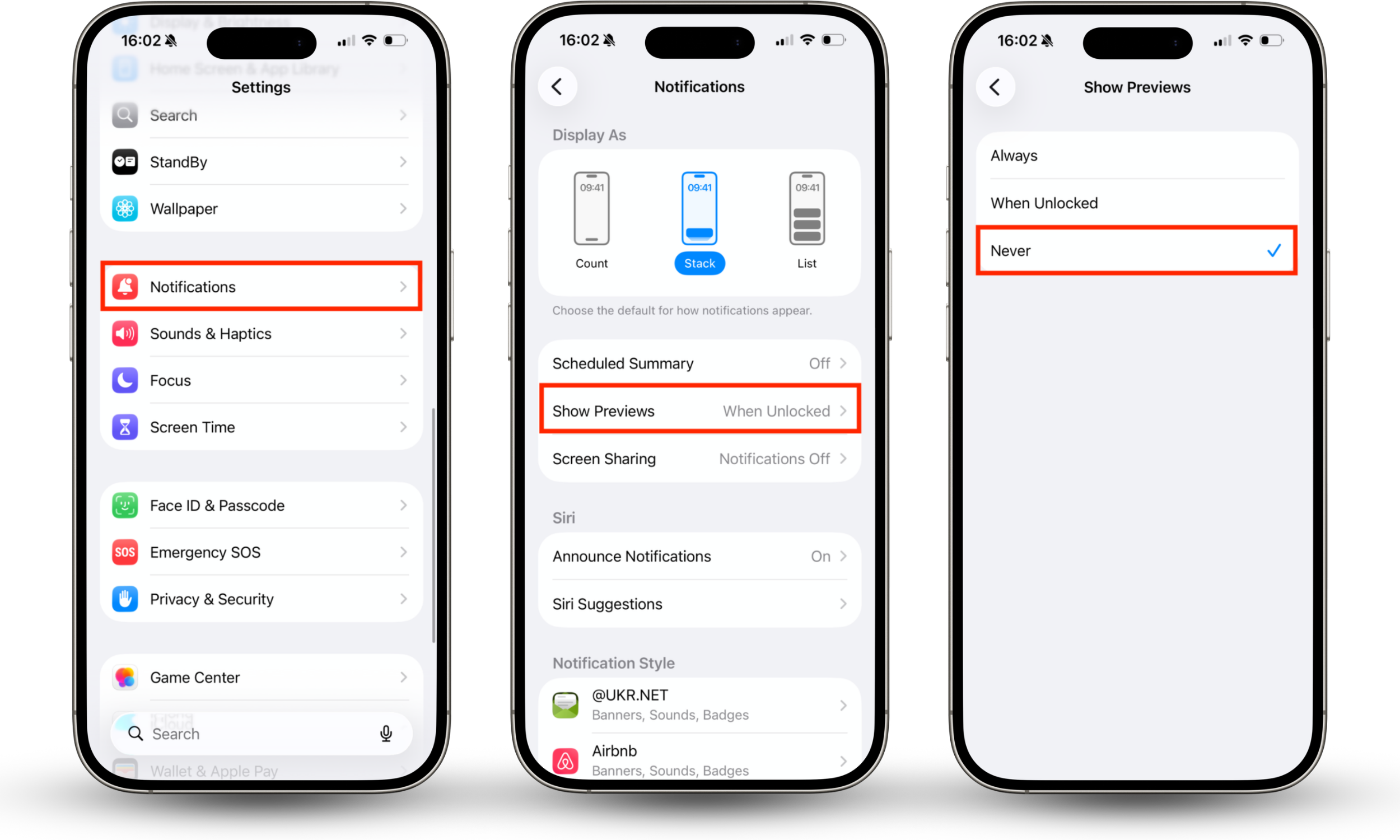 Settings app is open on an iPhone device. Tap Notifications, Show Previews, and select Never.