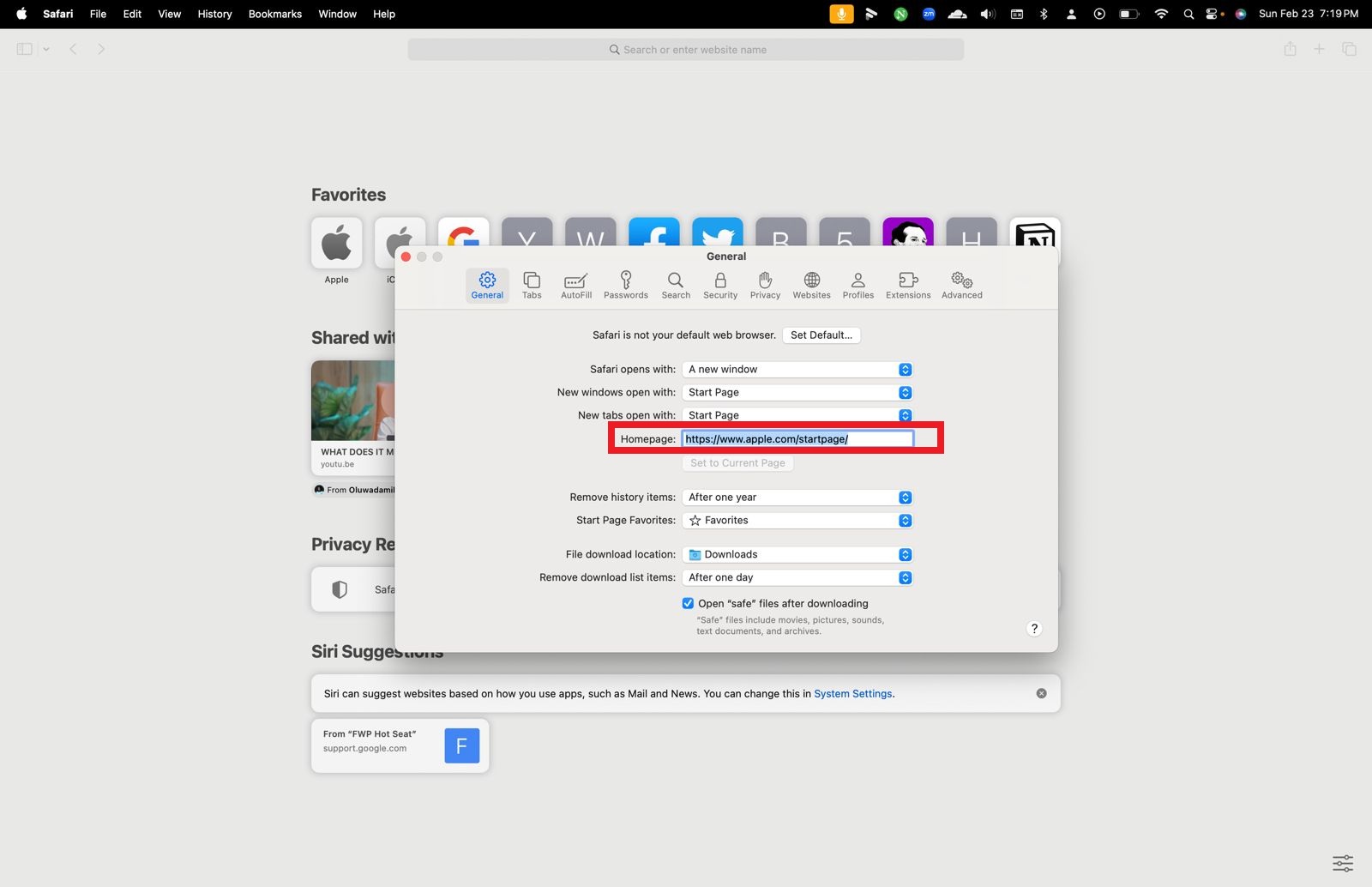 Safari settings showing the the homepage URL field to check if it has been changed and if your Mac has a virus or malware. Safari settings showing the the homepage URL field to check if it has been changed and if your Mac has a virus or malware.