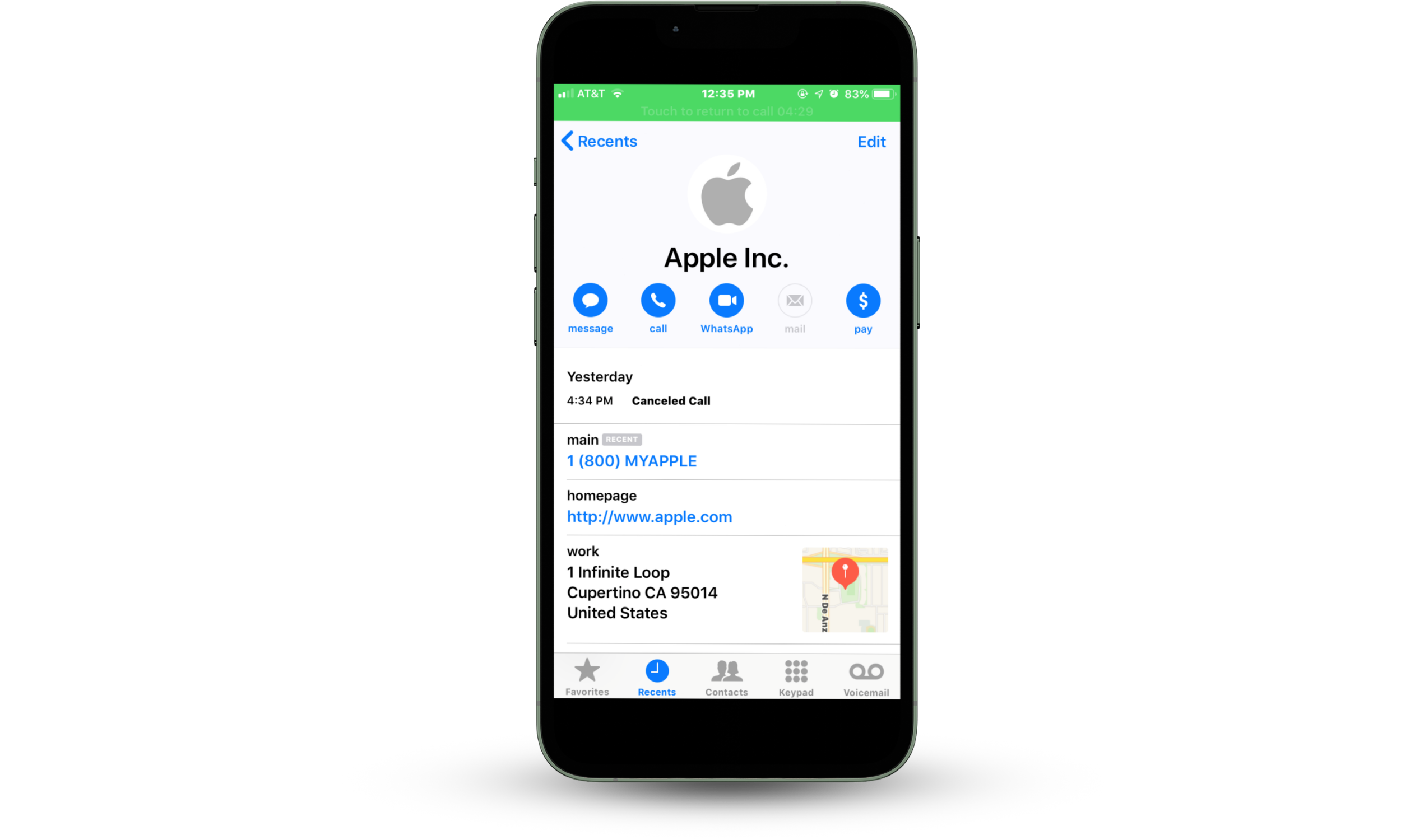 Caller ID spoofing example showing a scam phone call impersonating Apple Inc. support to trick the user into sharing Apple ID credentials