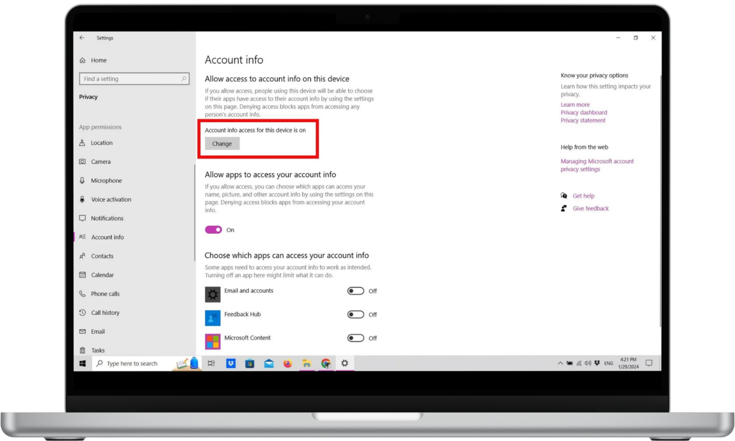 Account info settings Account info settings