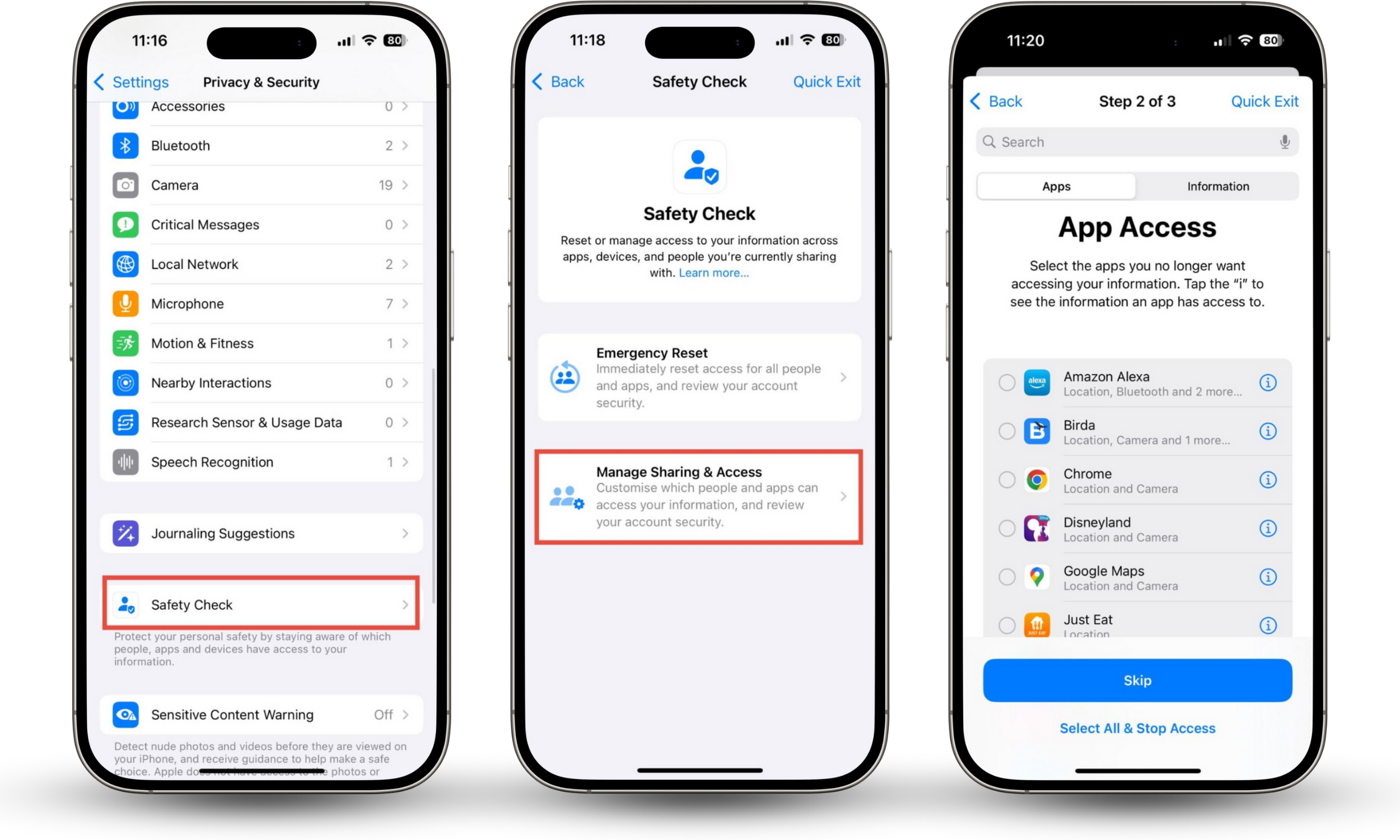 An iPhone showing how to use Apple's Safety Check, accessed via the Settings app. You can check if your iPhone is hacked in settings.