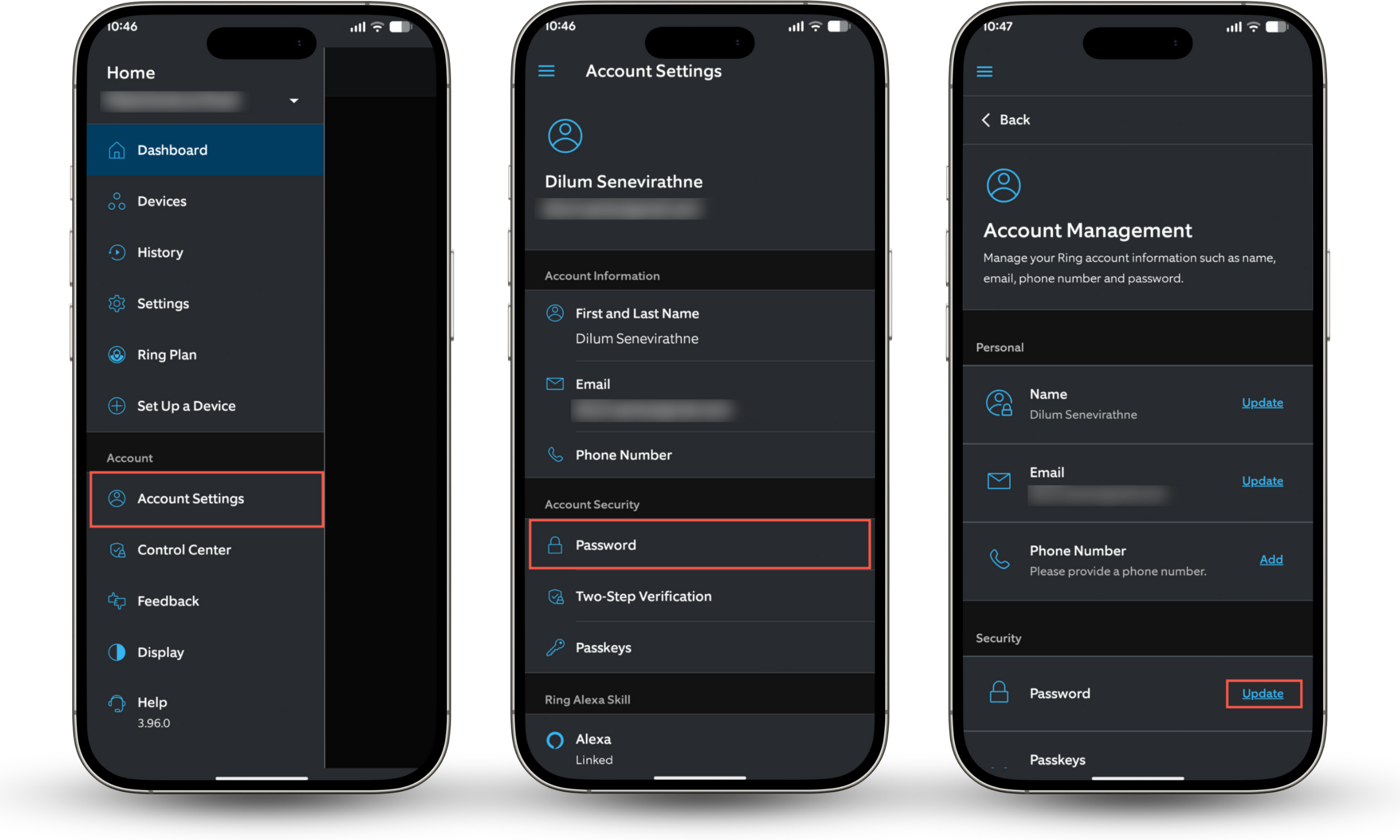 These Ring app screenshots show how to update your password via the account settings if you have concerns your Ring doorbell could be hacked.