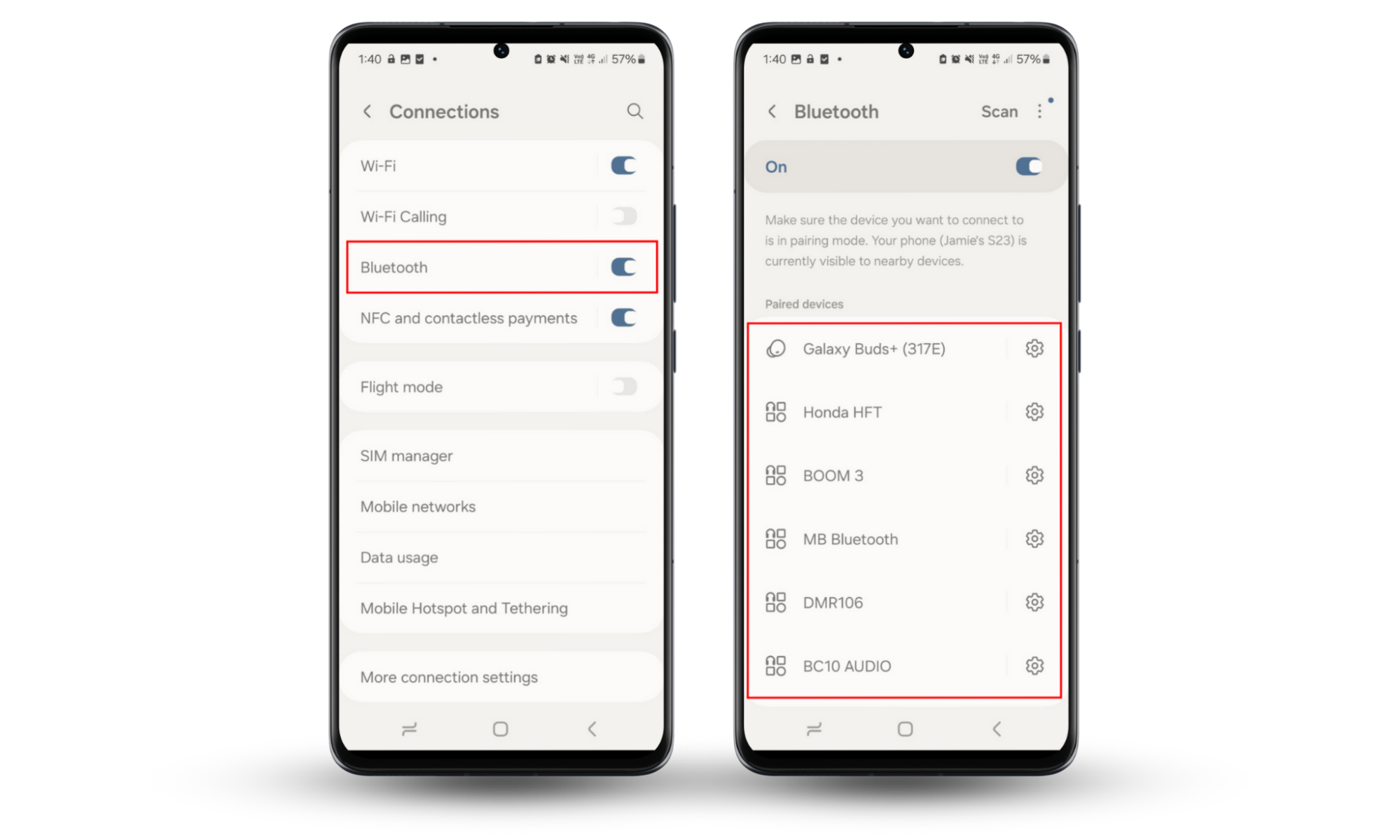 Android Settings showing how to open Bluetooth and scan for nearby Bluetooth devices. Do this if you want to find a hidden camera with your phone. Android Settings showing how to open Bluetooth and scan for nearby Bluetooth devices. Do this if you want to find a hidden camera with your phone.