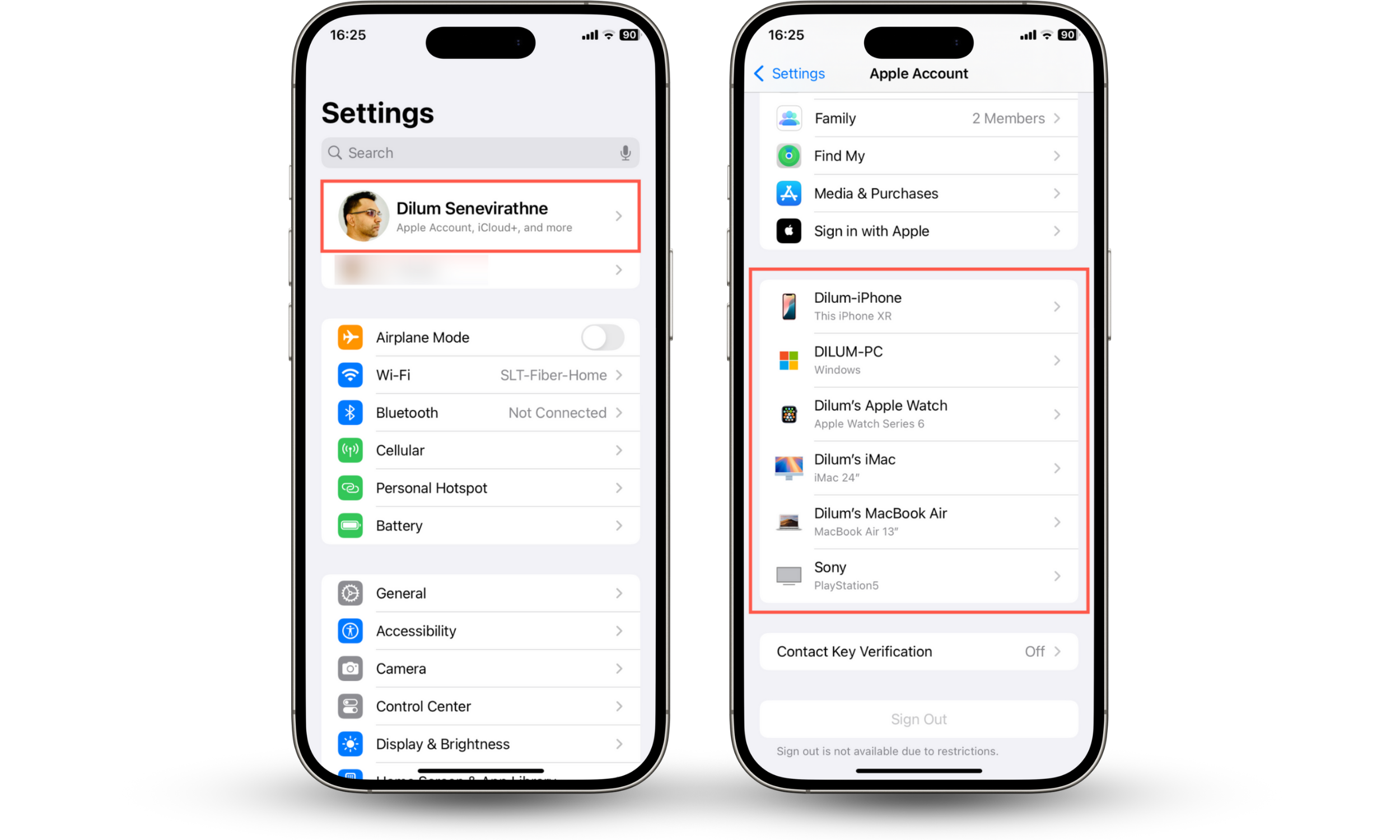 These iOS screenshots show how to check if you use a shared Apple ID if your husband's phone appears to be connected to yours.