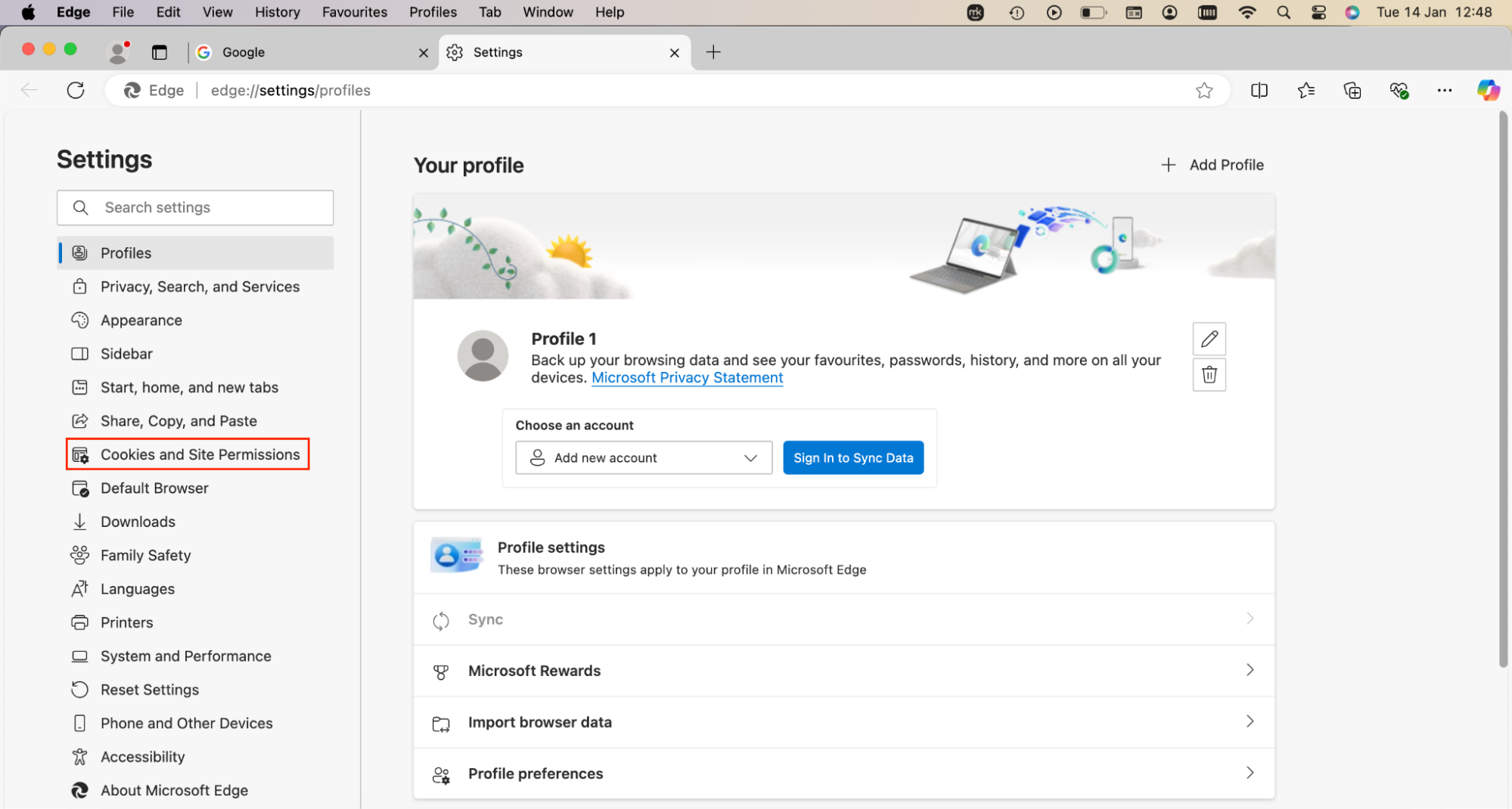 The Settings page in Microsoft Edge on macOS. To remove cookies in Microsoft Edge, open Settings and click Cookies and Site Permissions. The Settings page in Microsoft Edge on macOS. To remove cookies in Microsoft Edge, open Settings and click Cookies and Site Permissions.