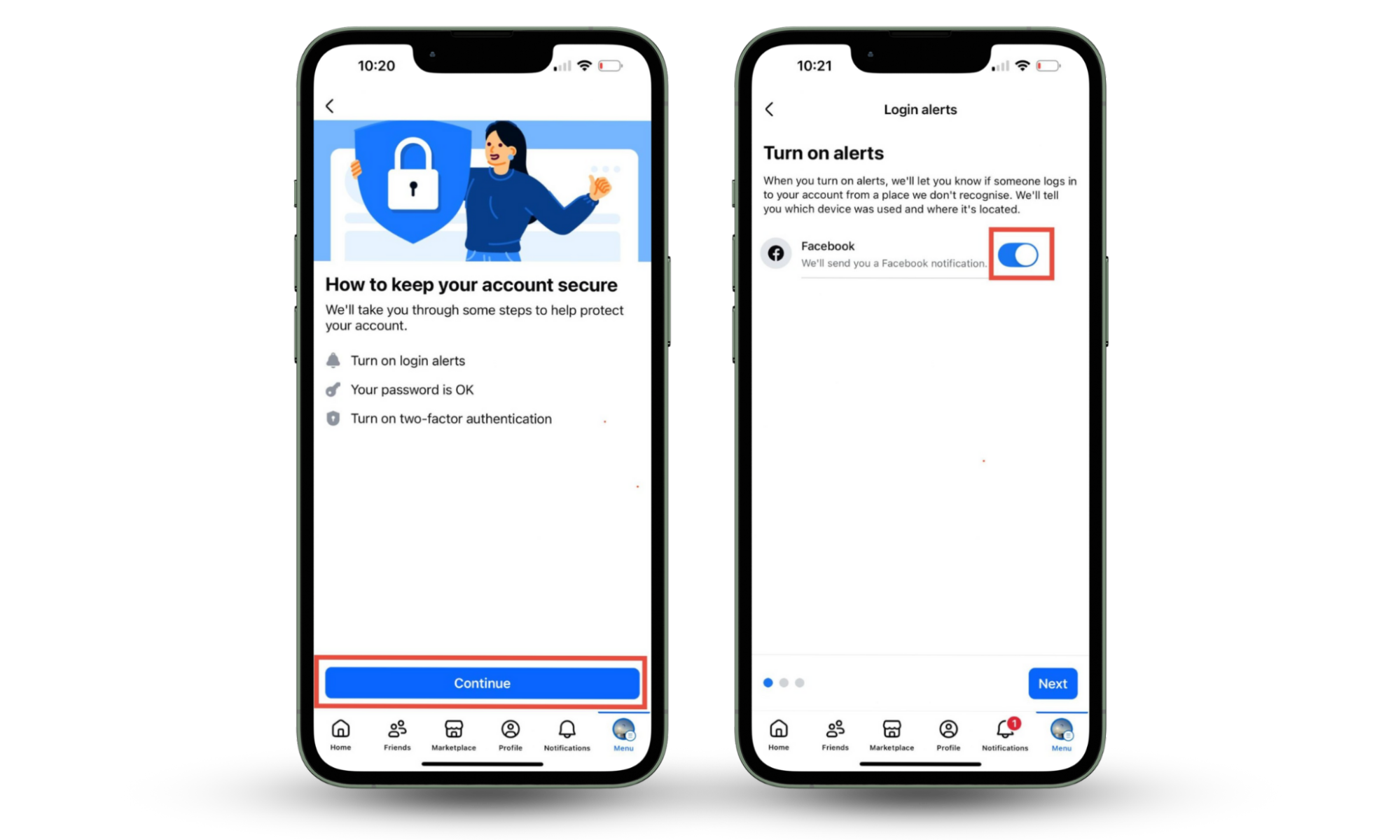Use Clario Anti Spy if you're worried you can't see who is stalking your Facebook profile. How to keep your account secure feature open in the Facebook app. Continue button highlighted. Toggle switched on under Turn on alerts menu. Use Clario Anti Spy if you're worried you can't see who is stalking your Facebook profile. How to keep your account secure feature open in the Facebook app. Continue button highlighted. Toggle switched on under Turn on alerts menu.